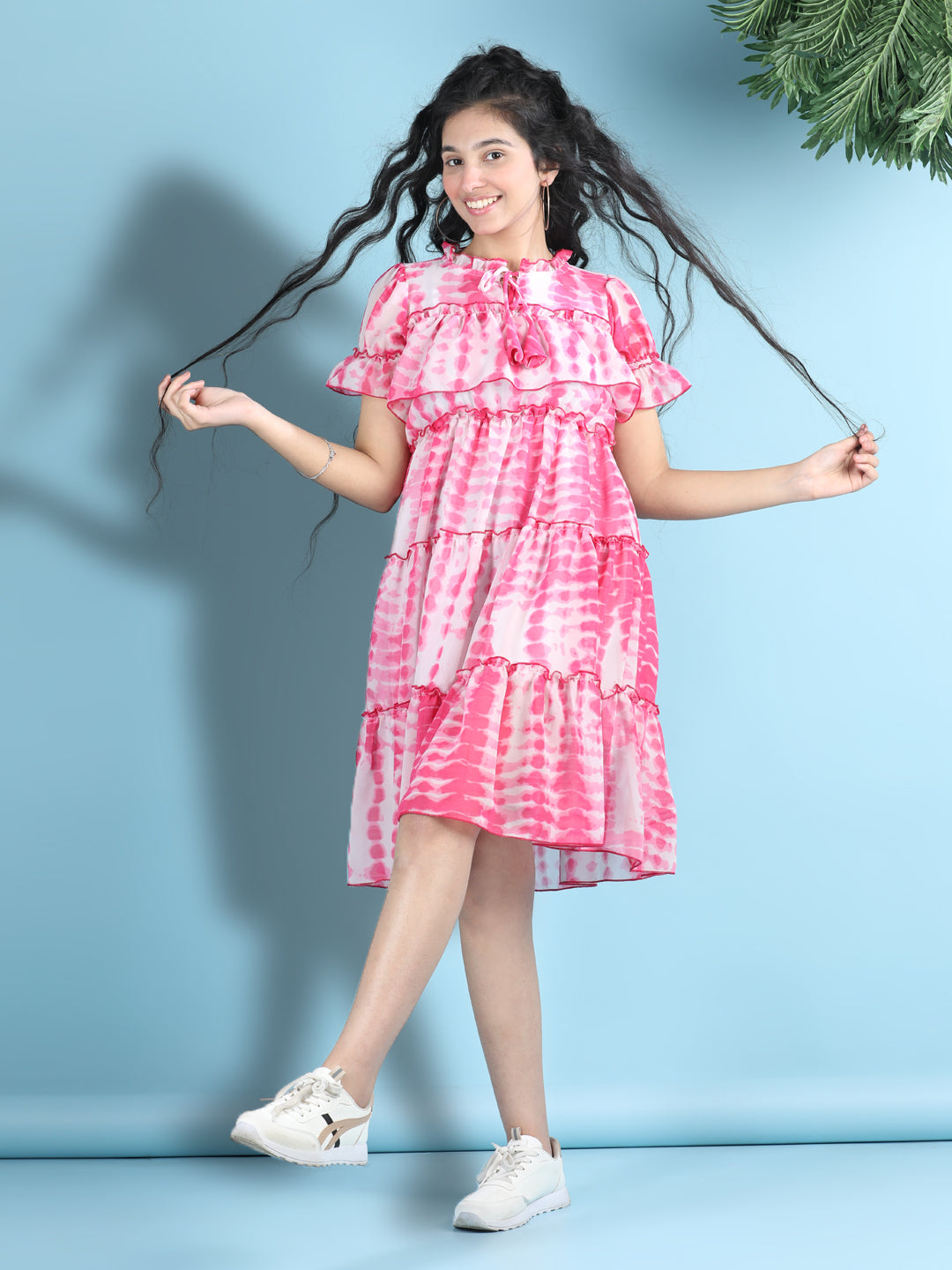Cutiekins Girls Trendy & Stylish Tie and Dye Printed Dress -Magenta & White