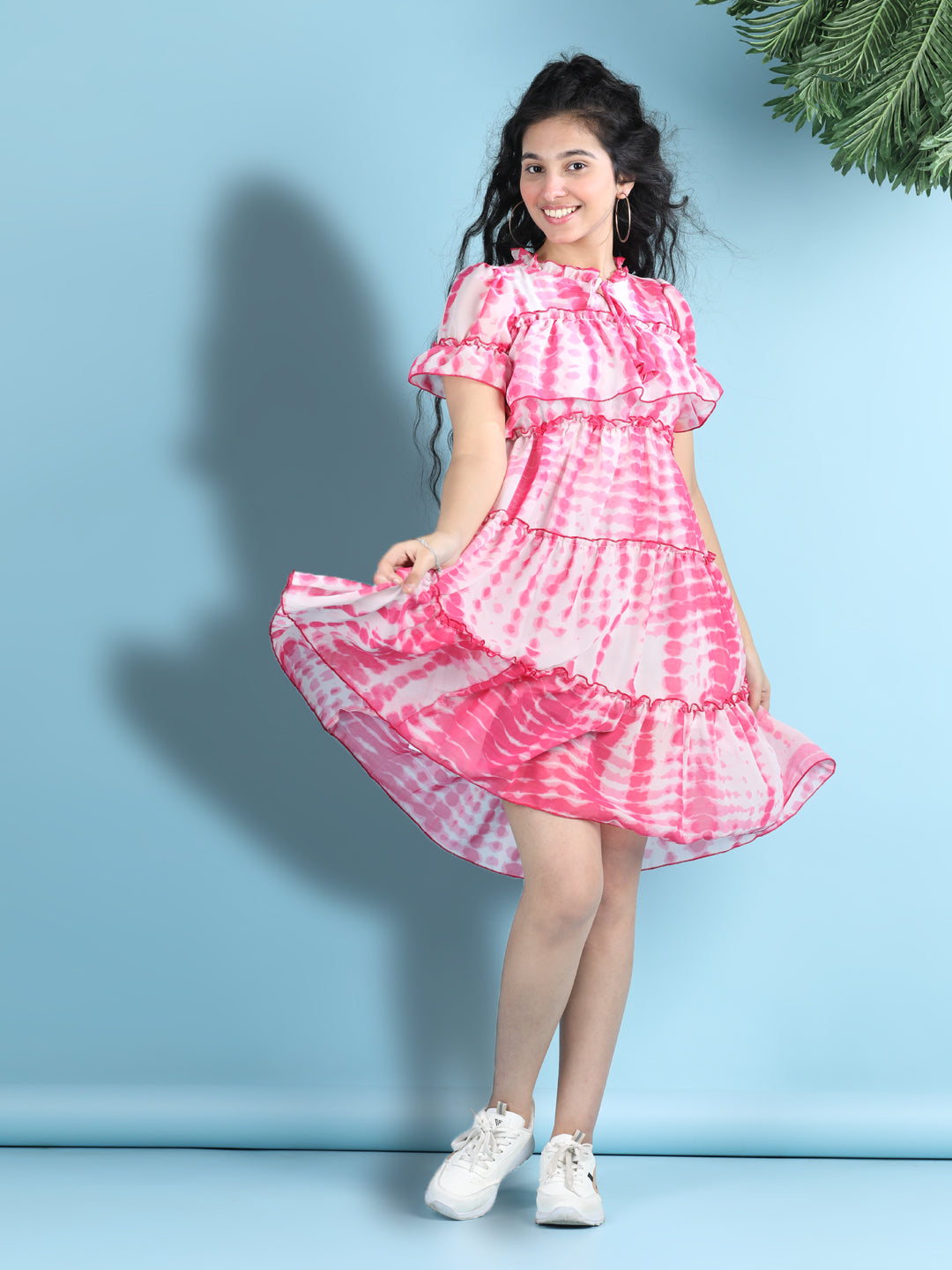 Cutiekins Girls Trendy & Stylish Tie and Dye Printed Dress -Magenta & White