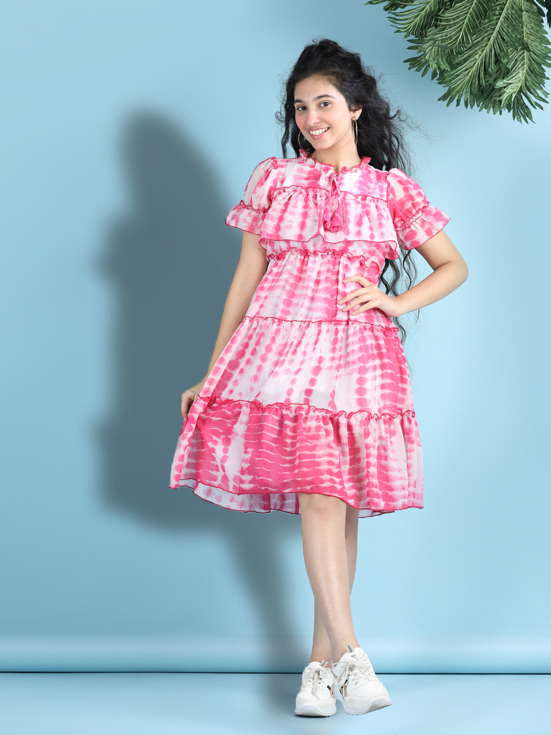 Cutiekins Girls Trendy & Stylish Tie and Dye Printed Dress -Magenta & White