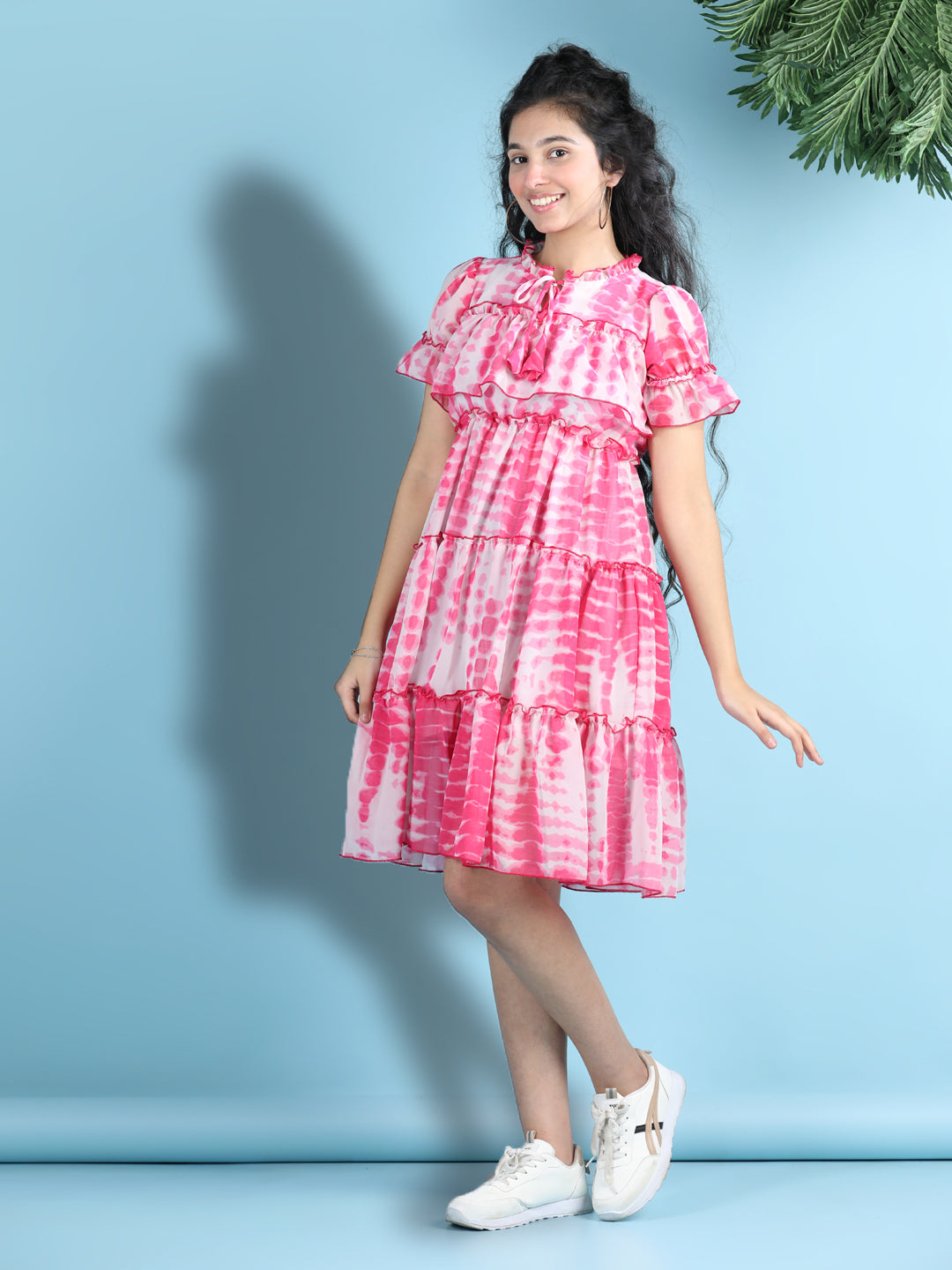 Cutiekins Girls Trendy & Stylish Tie and Dye Printed Dress -Magenta & White