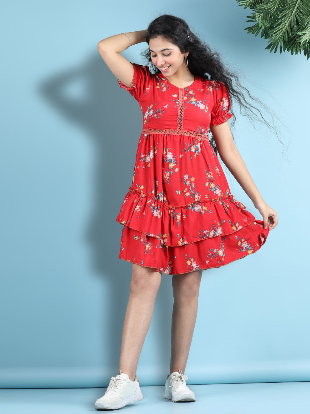 Cutiekins Girls Trendy & Stylish Floral Printed Dress -Red & Multi