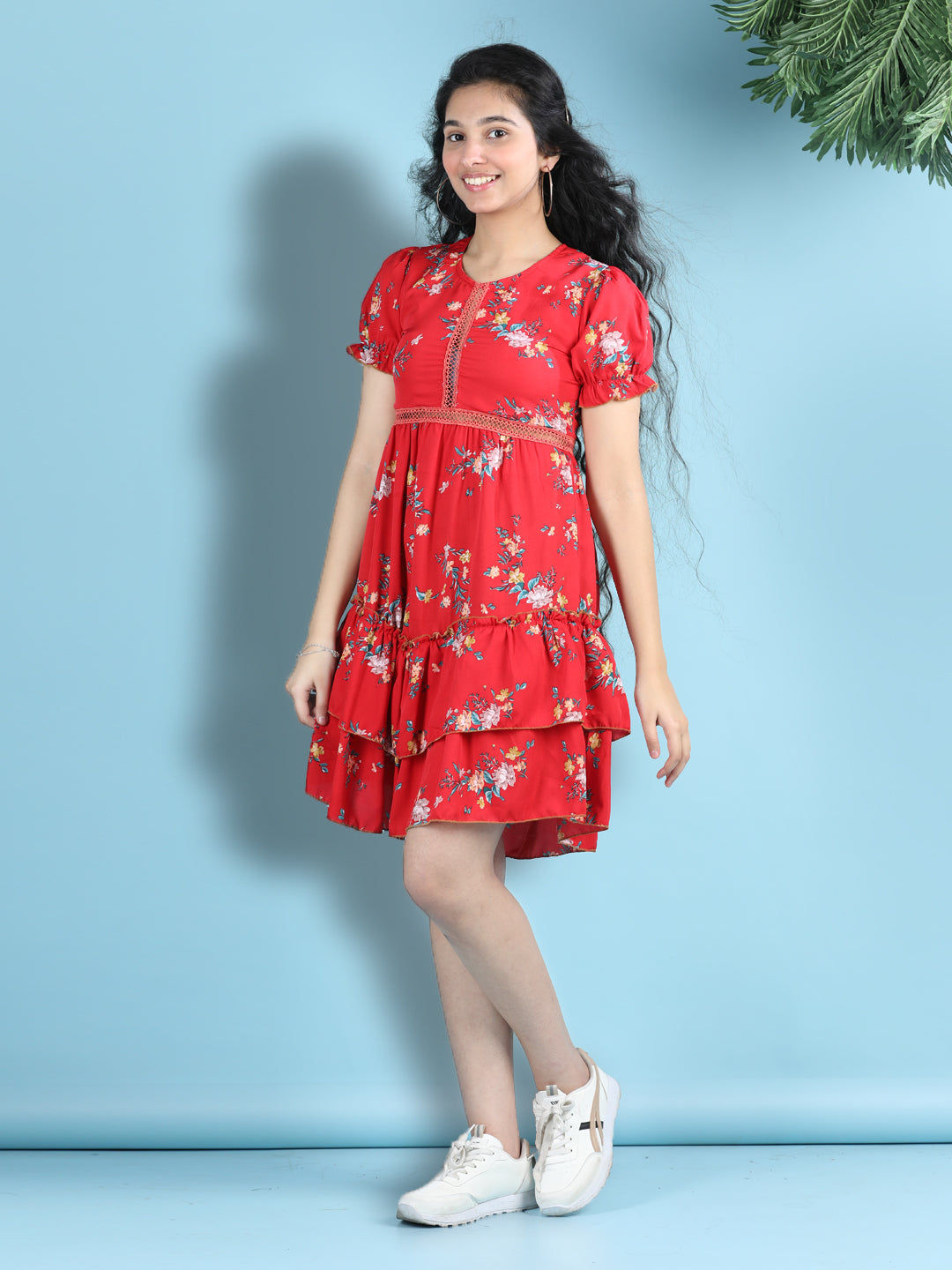 Cutiekins Girls Trendy & Stylish Floral Printed Dress -Red & Multi