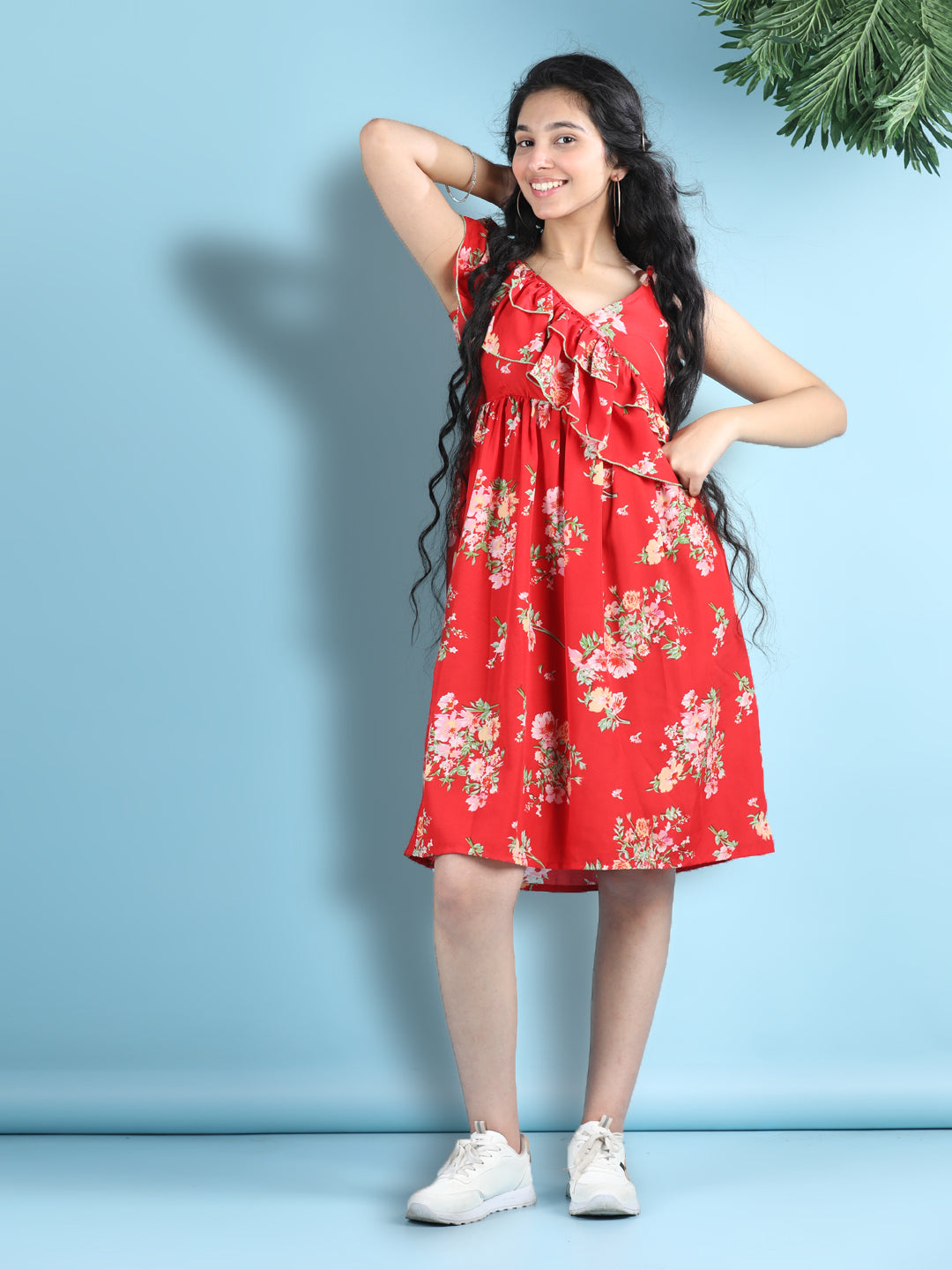 Cutiekins Girls Trendy & Stylish Floral Printed Dress -Red & Multi
