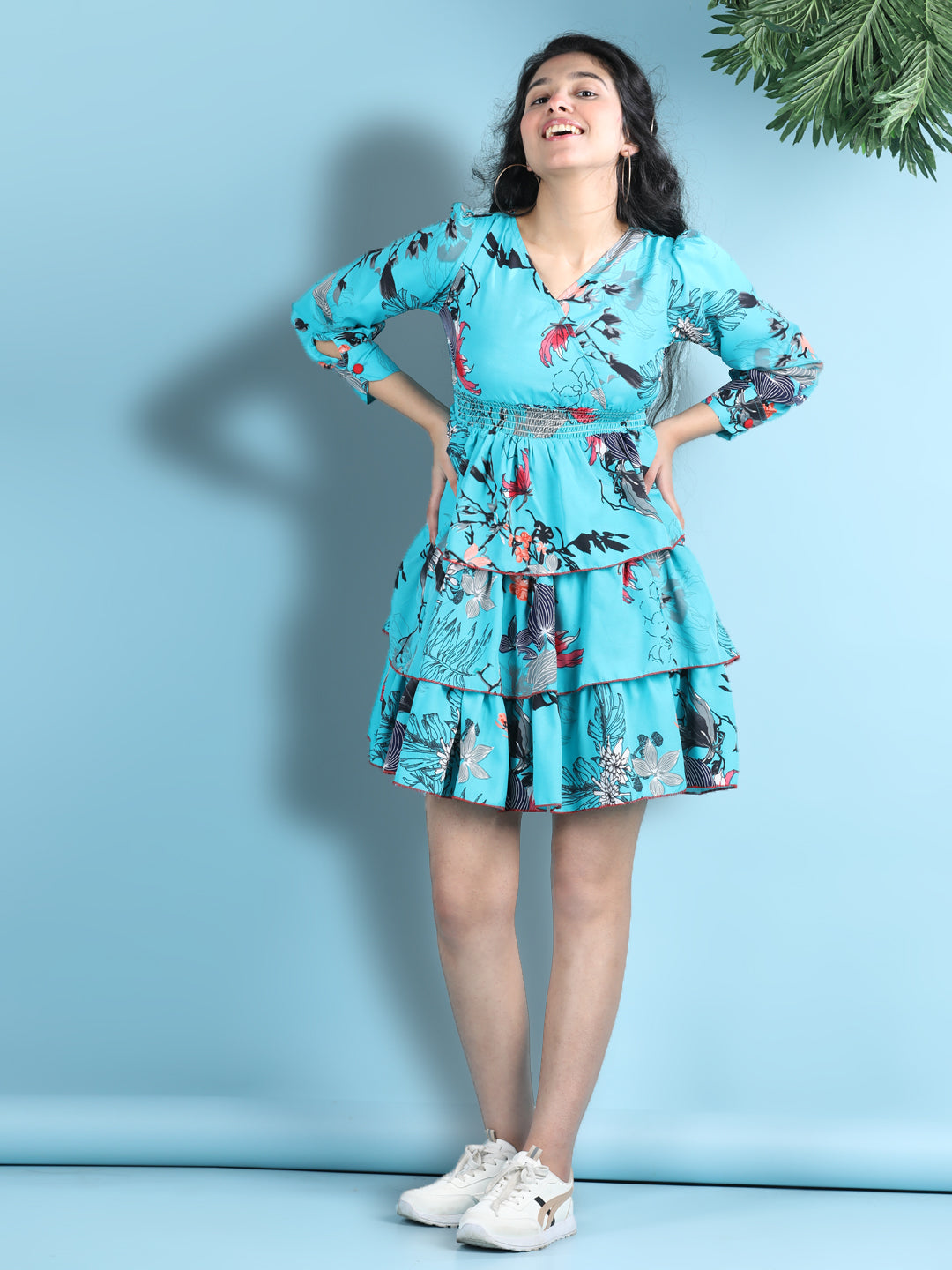 Cutiekins Girls Trendy & Stylish Floral Printed Dress -Blue & Multi