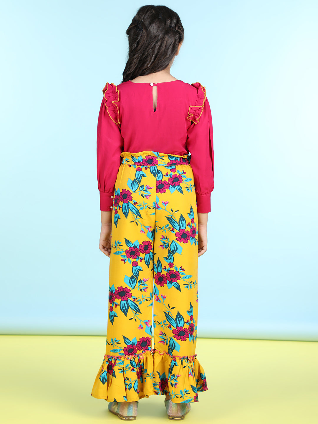 Cutiekins Polyester Solid Top & Printed Palazzos Set -Pink & Mustard
