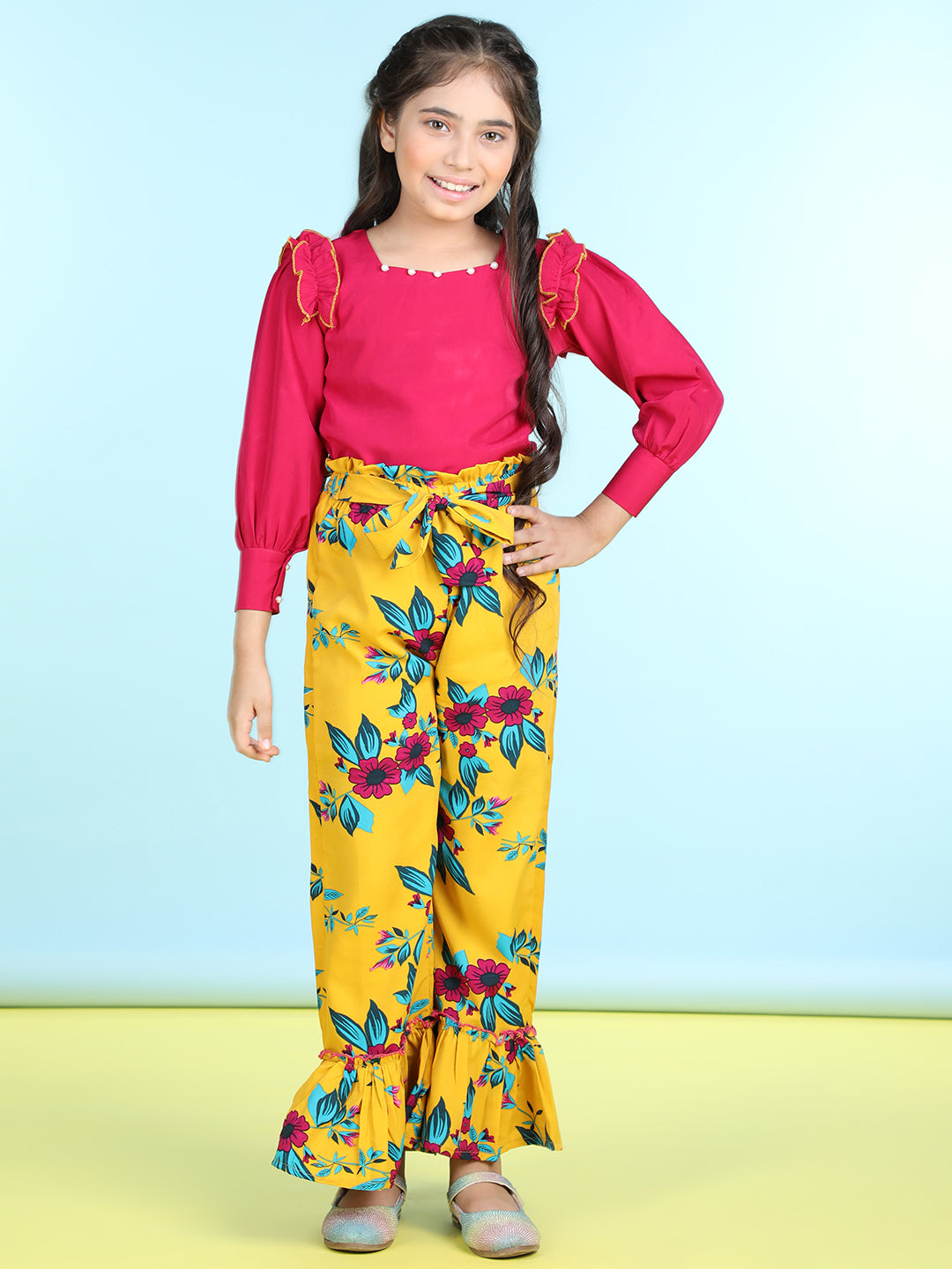 Cutiekins Polyester Solid Top & Printed Palazzos Set -Pink & Mustard