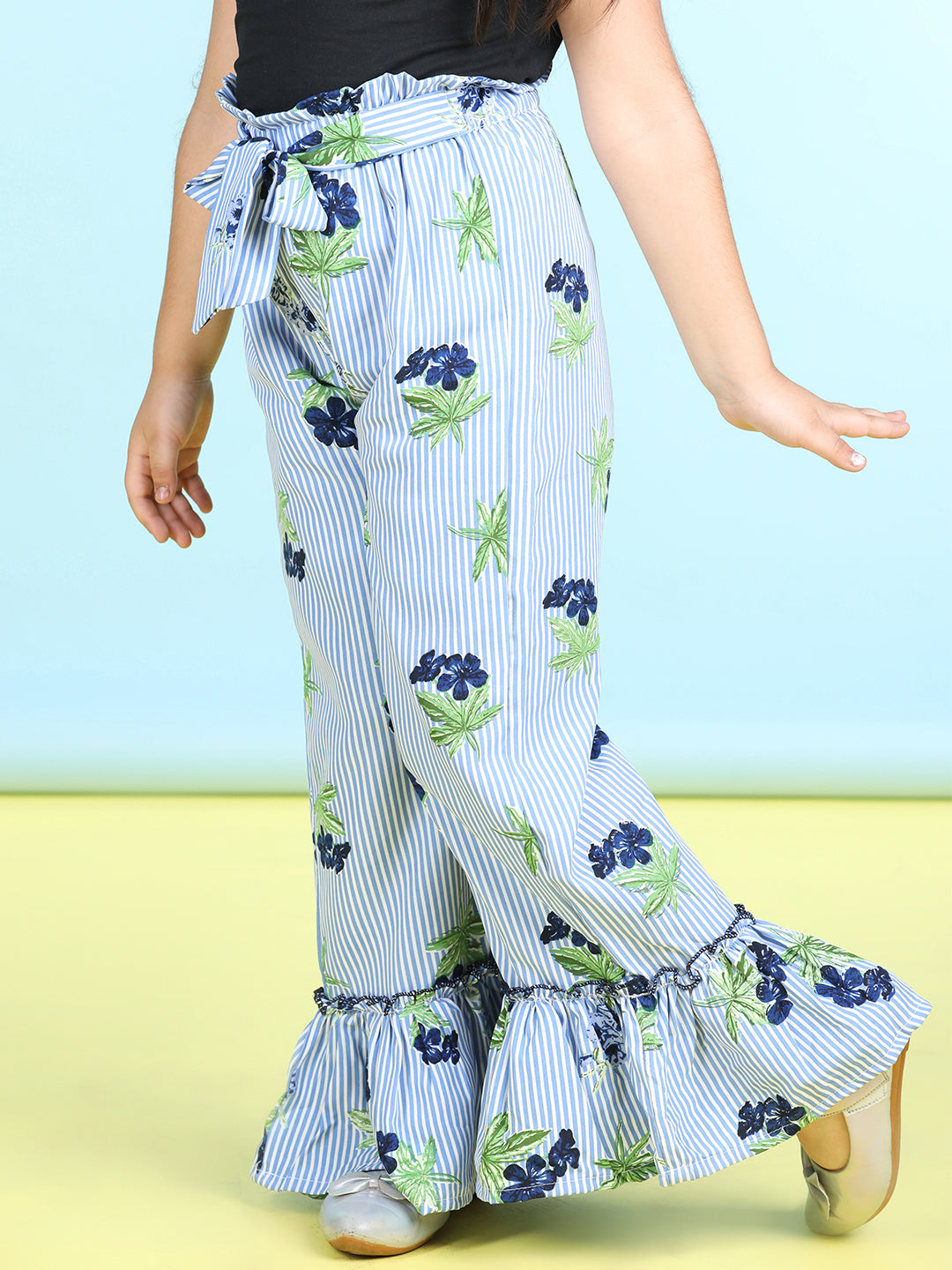 Cutiekins Printed Polyester Palazzos- Turquoise Blue & Blue