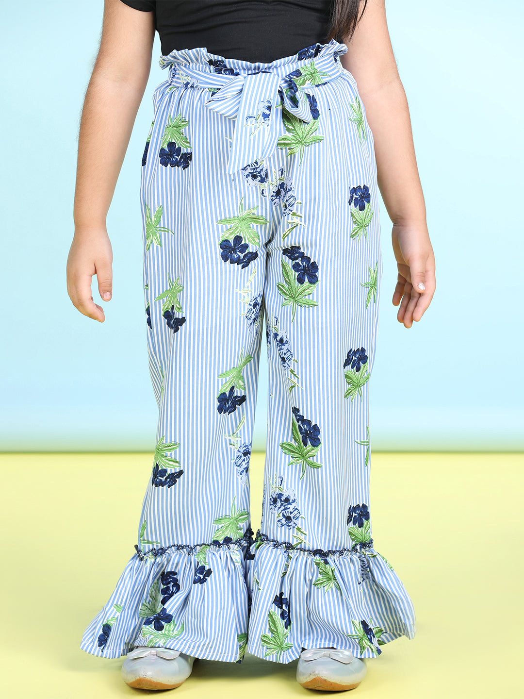 Cutiekins Printed Polyester Palazzos- Turquoise Blue & Blue