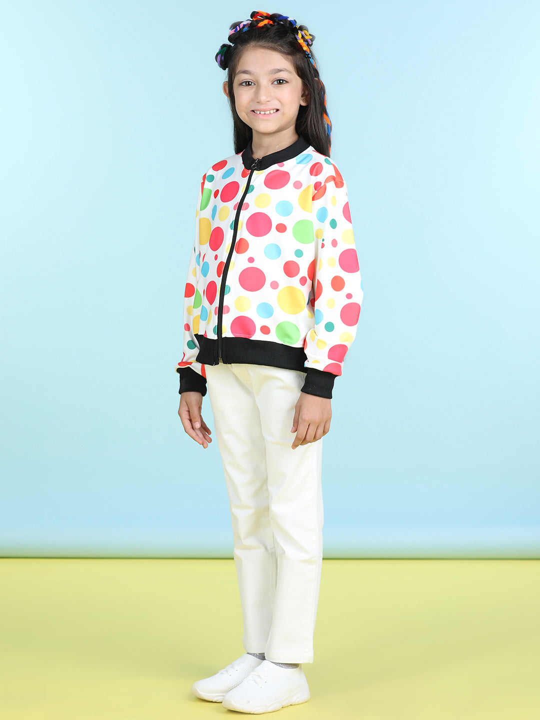 Cutiekins Cotton Lycra Polka Print Full Sleeves Jacket-Off White & Black