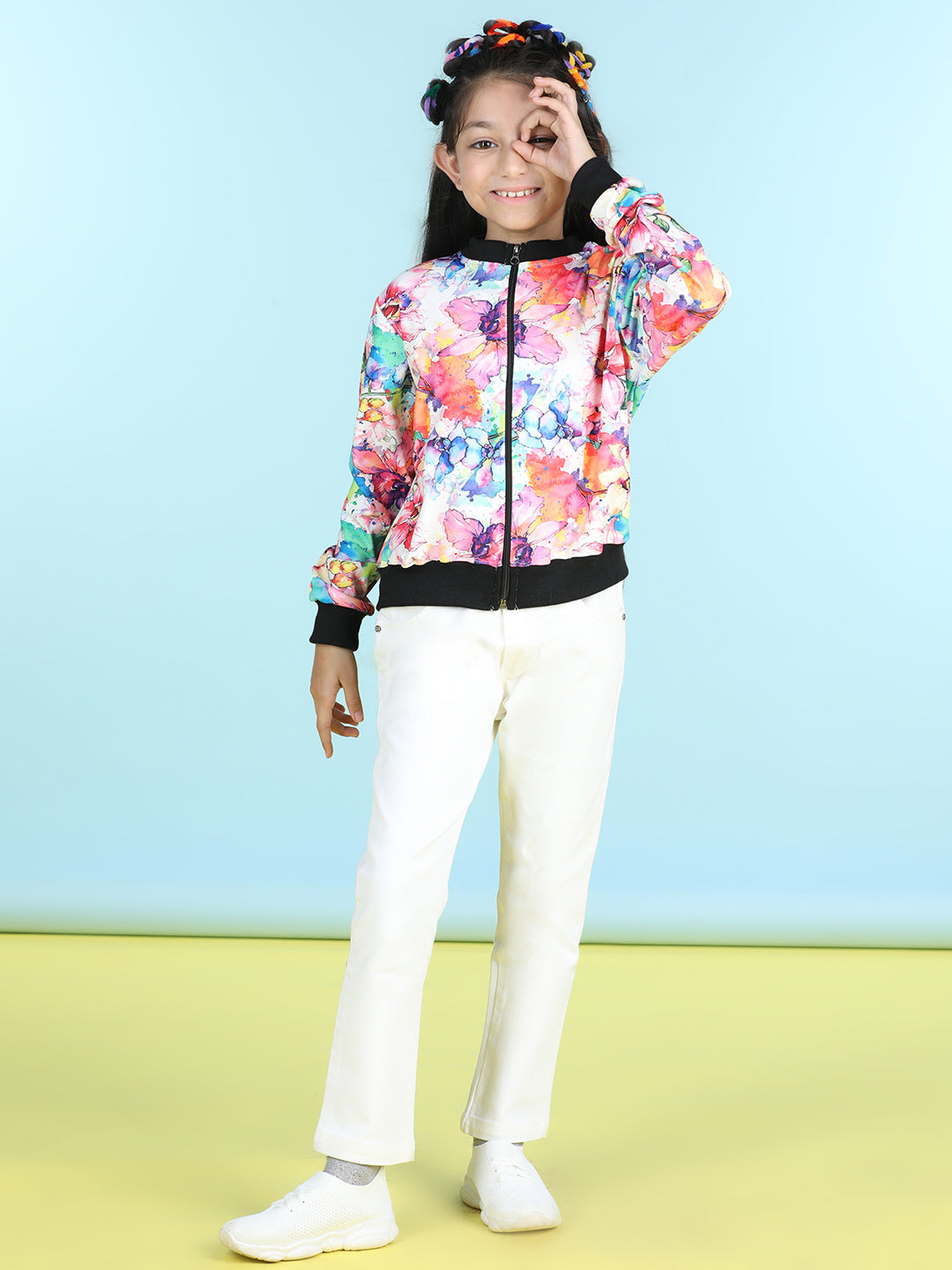 Cutiekins Cotton Lycra Floral Printed Full Sleeves Jacket-Off White & Black