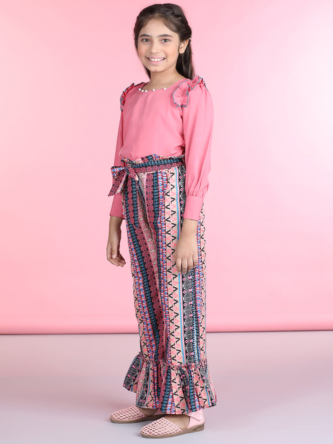 Cutiekins Polyester Solid Top & Printed Palazzos Set -Peach & Multi