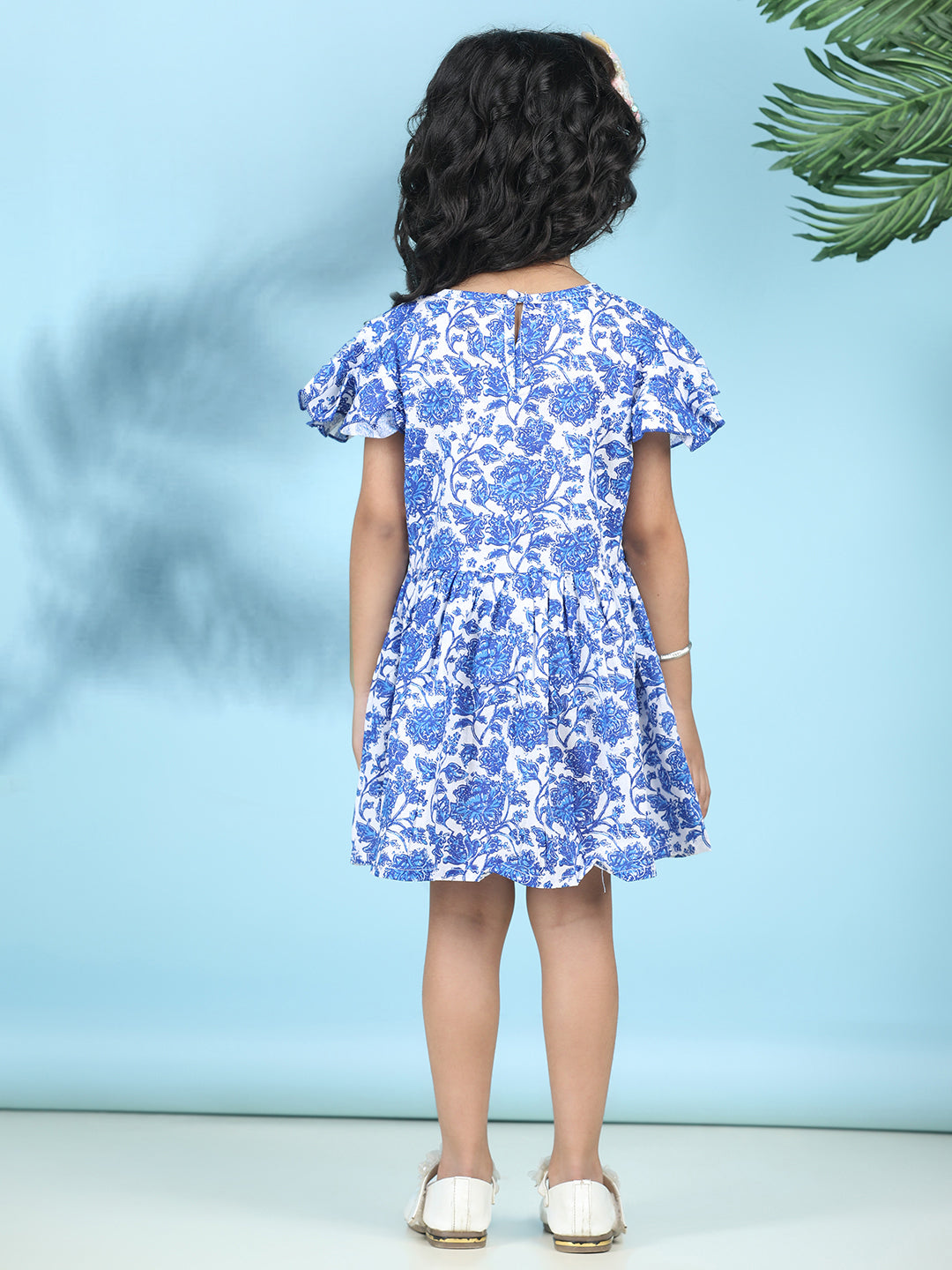 Cutiekins Girls Trendy & Stylish Floral Printed Dress -Off White & Blue