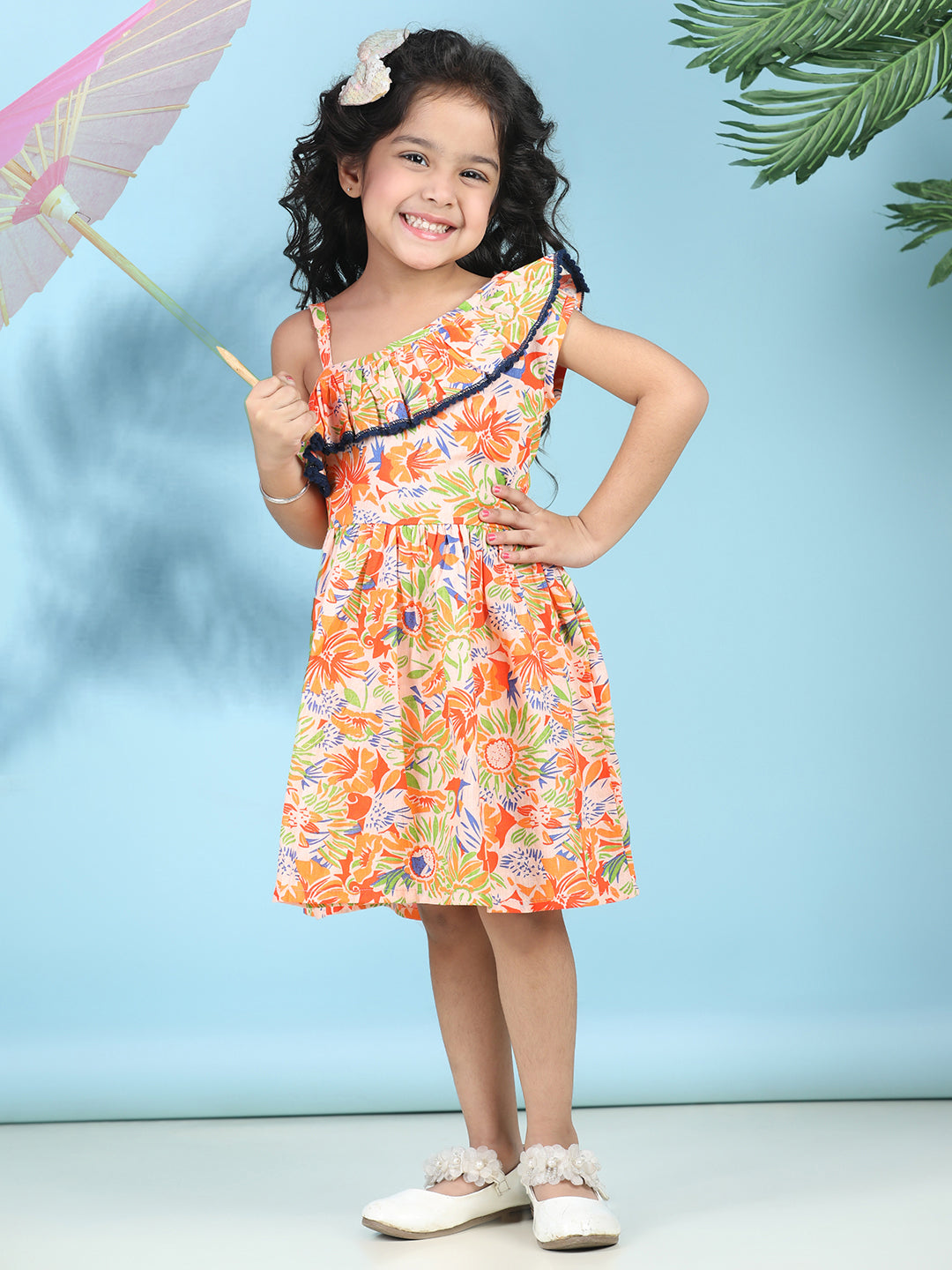 Cutiekins Girls Trendy & Stylish Floral Printed Dress -Peach & Multi