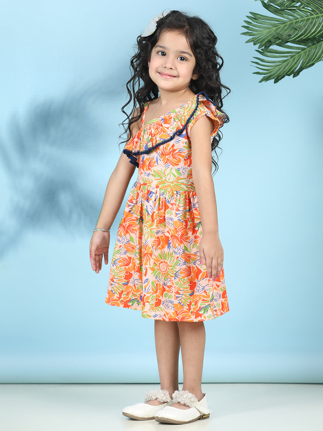 Cutiekins Girls Trendy & Stylish Floral Printed Dress -Peach & Multi
