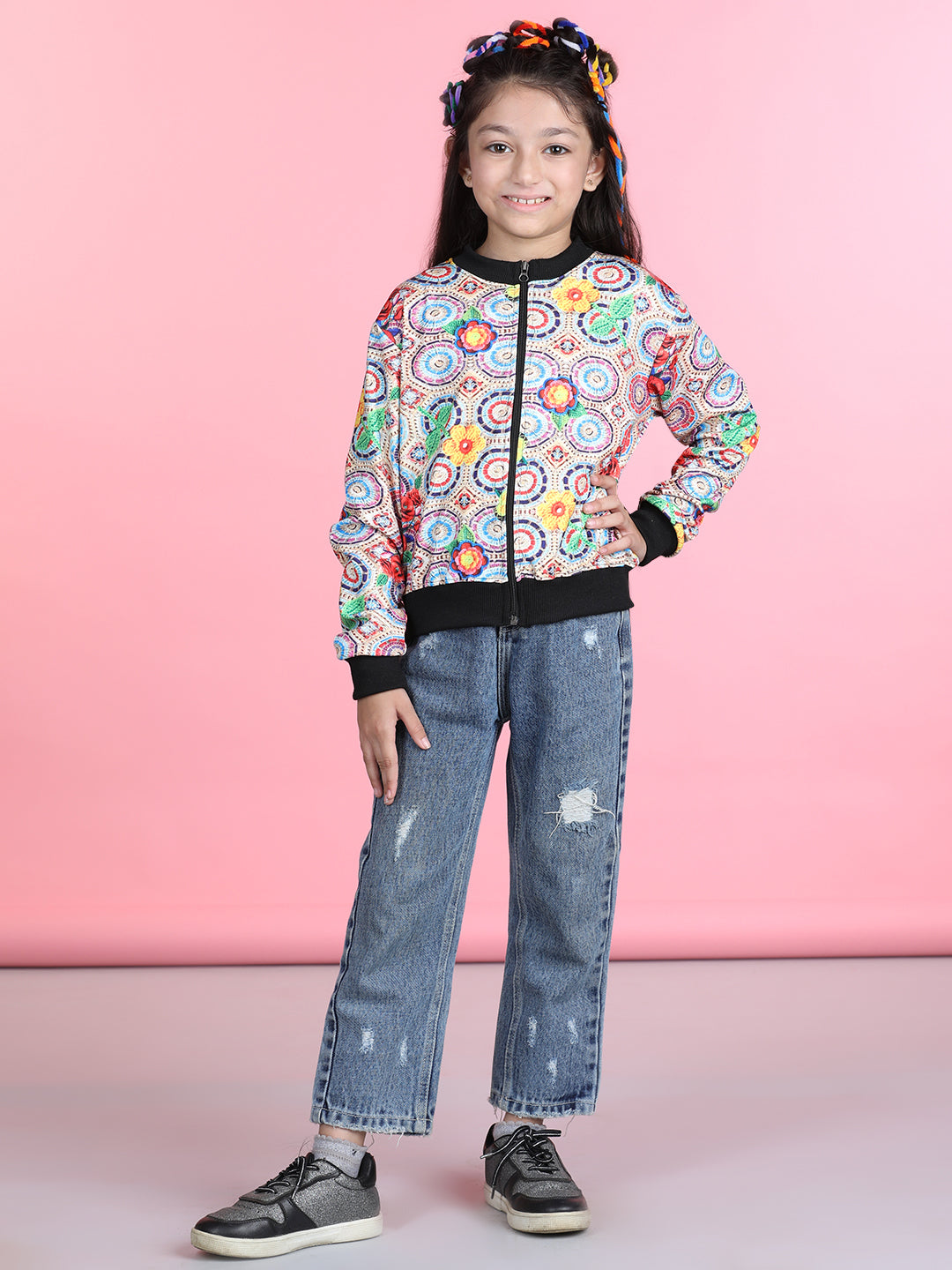 Cutiekins Cotton Lycra Geometric Print Full Sleeves Jacket-Beige & Black