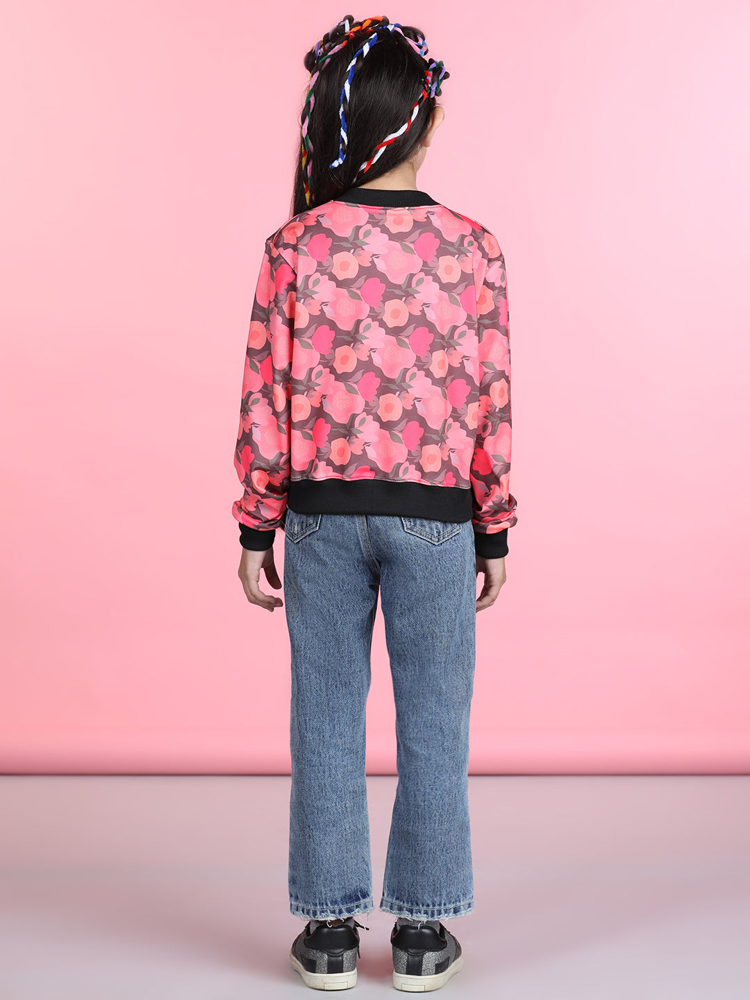 Cutiekins Cotton Lycra Floral Printed Full Sleeves Jacket-Peach & Black