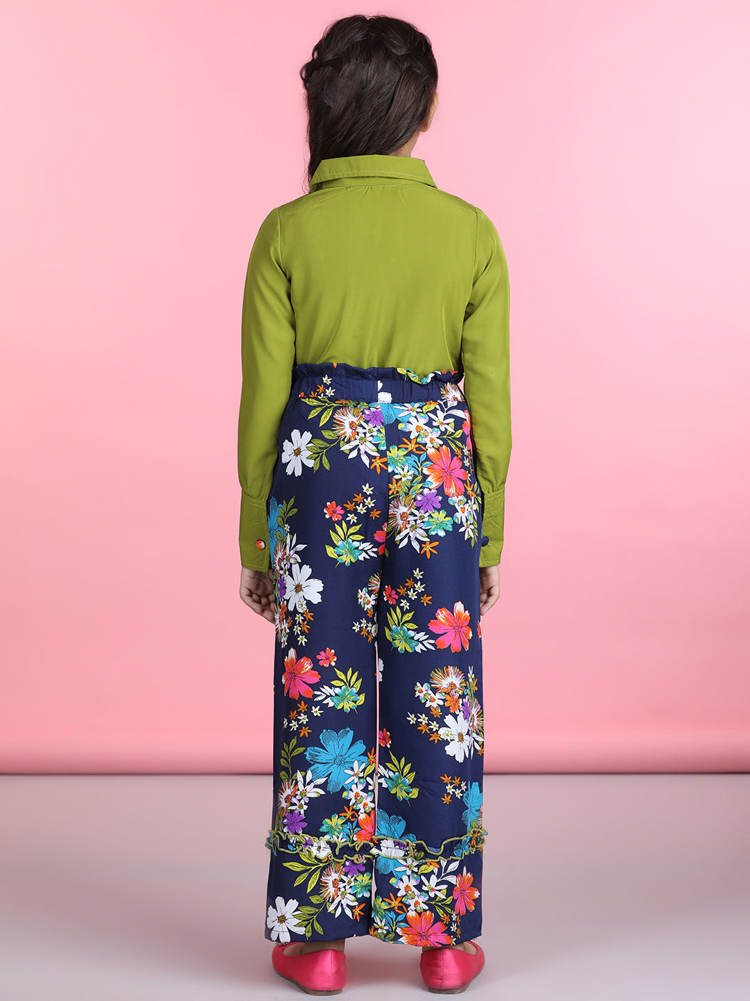Cutiekins Polyester Solid Top & Printed Palazzos Set -Green & Navy Blue