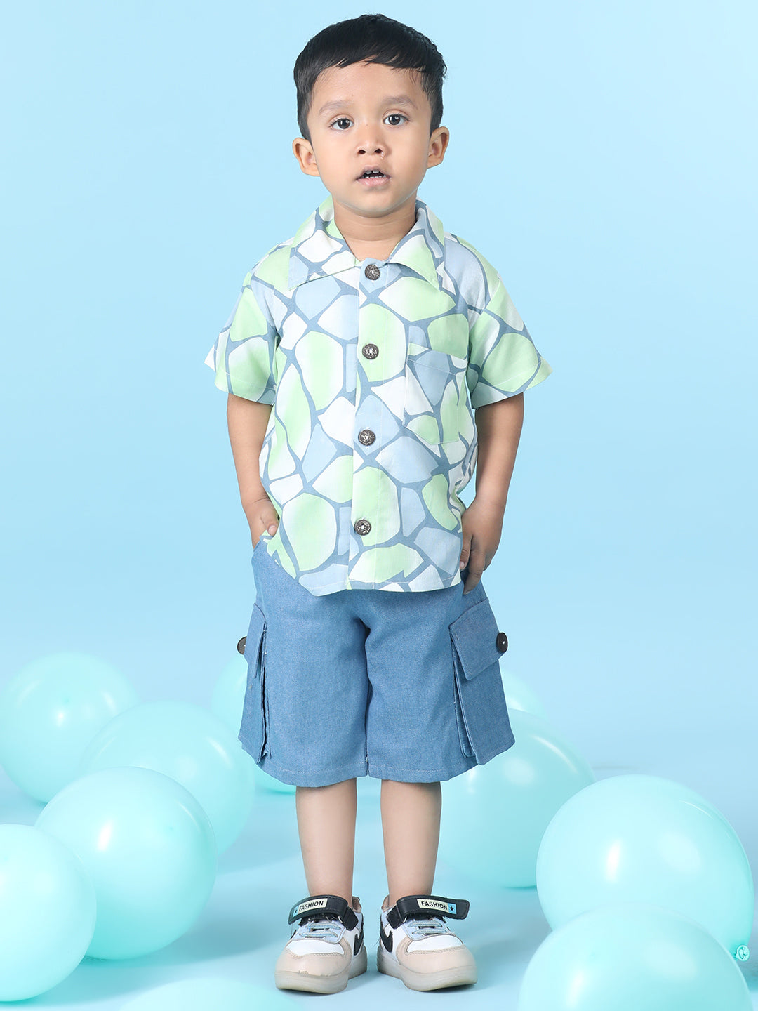 Cutiekins Boys Abstract Print Shirt With Solid Denim Short -Lime & Steel Blue