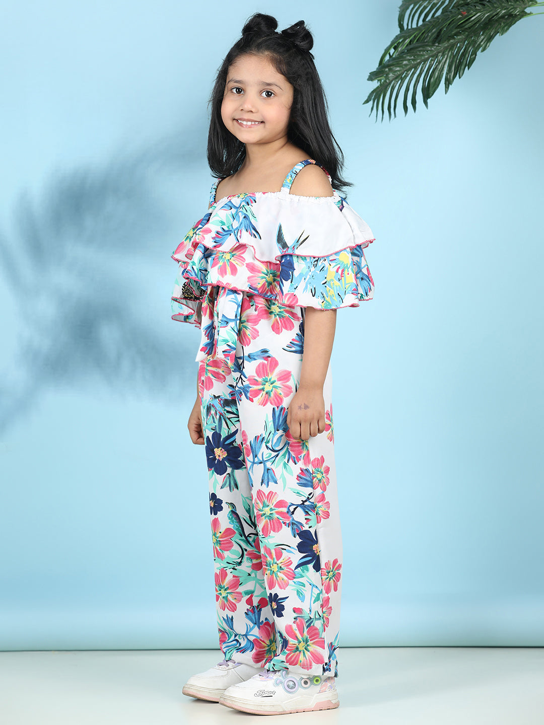 Cutiekins Stylish & Trendy Printed Jumpsuit for Kids -Off White & Pink