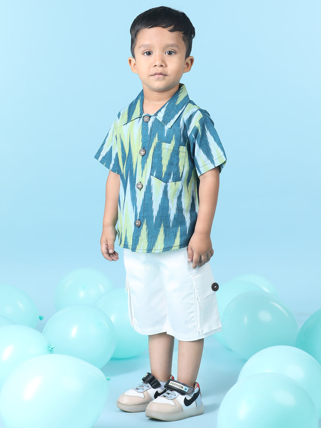 Cutiekins Boys Abstract Print Shirt With Solid Denim Short -Ocean Blue & White