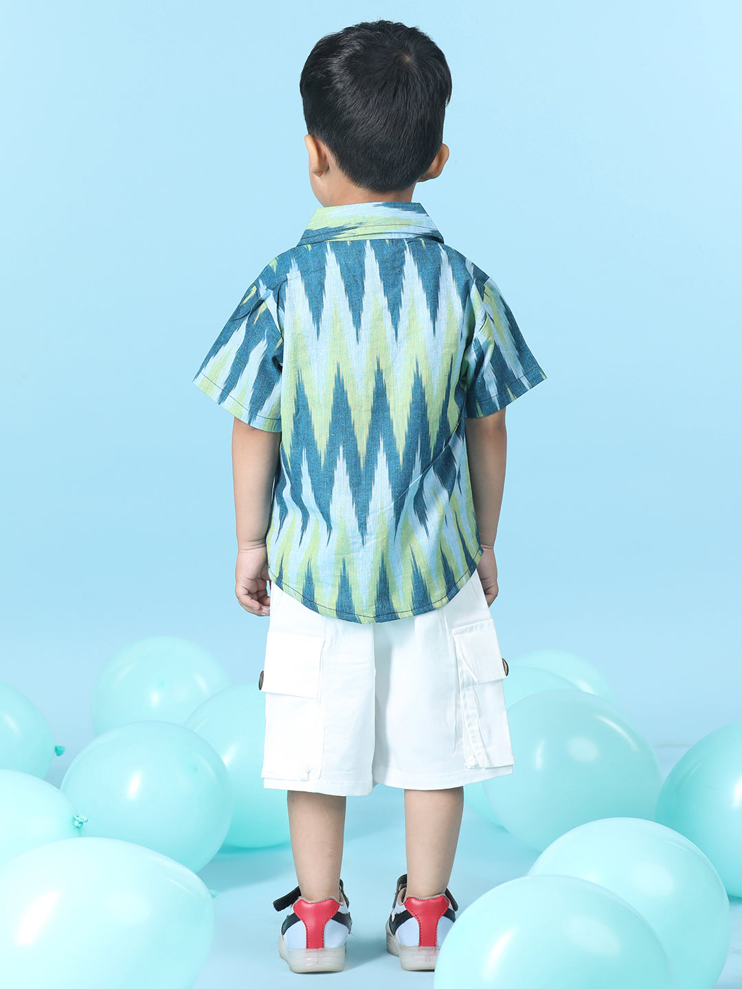 Cutiekins Boys Abstract Print Shirt With Solid Denim Short -Ocean Blue & White