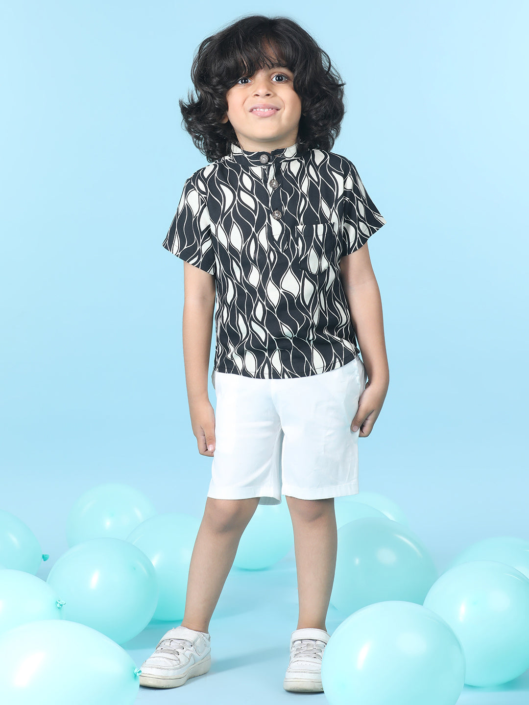 Cutiekins Boys Abstract Print T-Shirt With Solid Short -Black & White