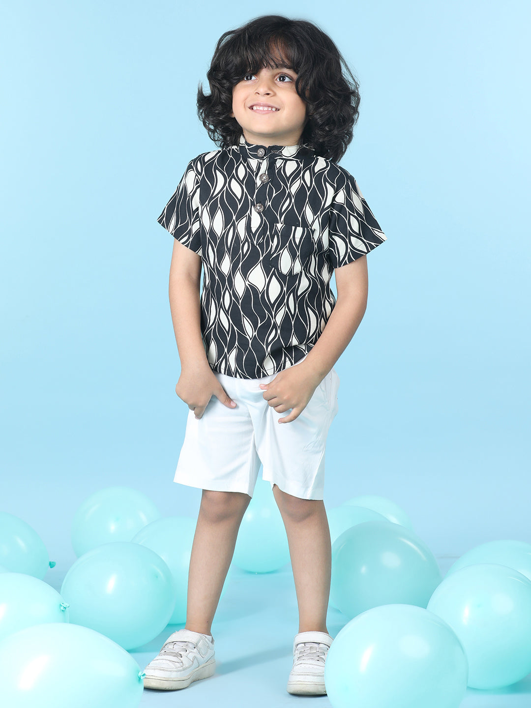 Cutiekins Boys Abstract Print T-Shirt With Solid Short -Black & White