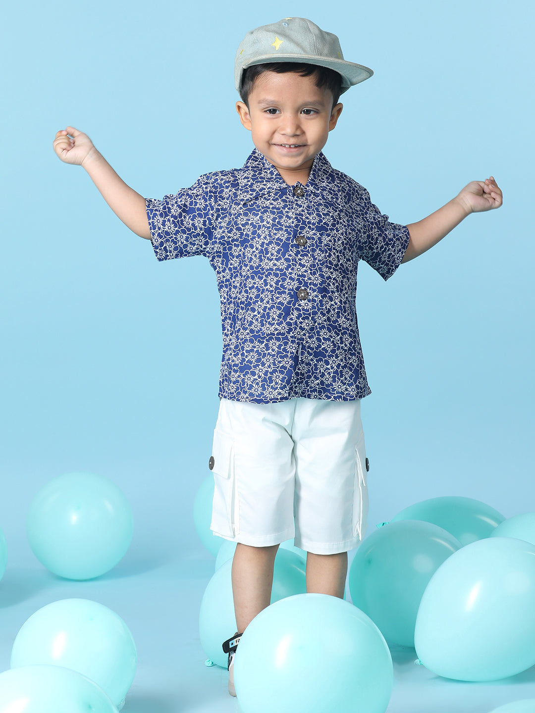 Cutiekins Boys Floral Print Shirt With Solid Denim Short -Navy Blue & White