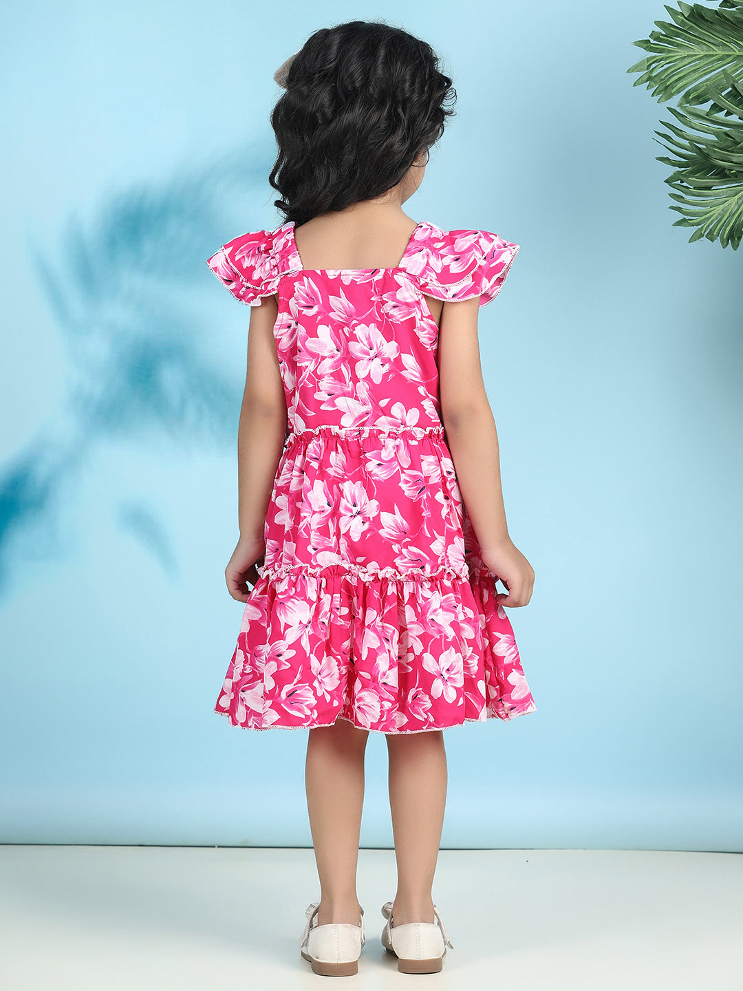 Cutiekins Girls Trendy & Stylish Floral Printed Dress -Magenta & Off White