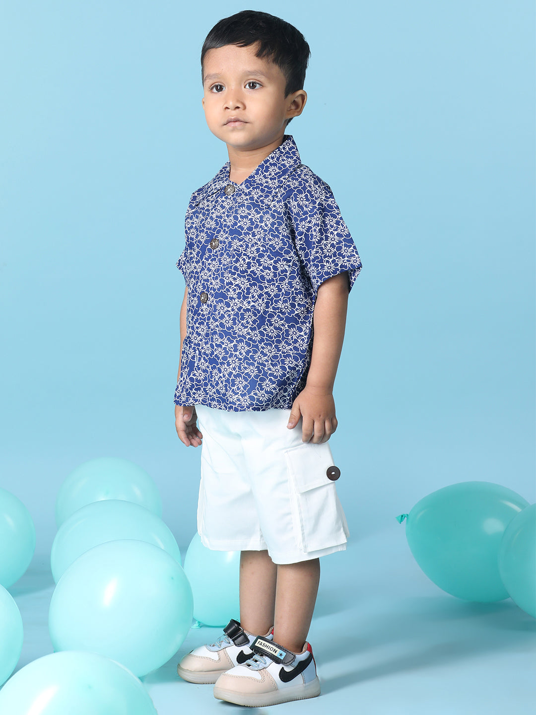 Cutiekins Boys Floral Print Shirt With Solid Denim Short -Navy Blue & White