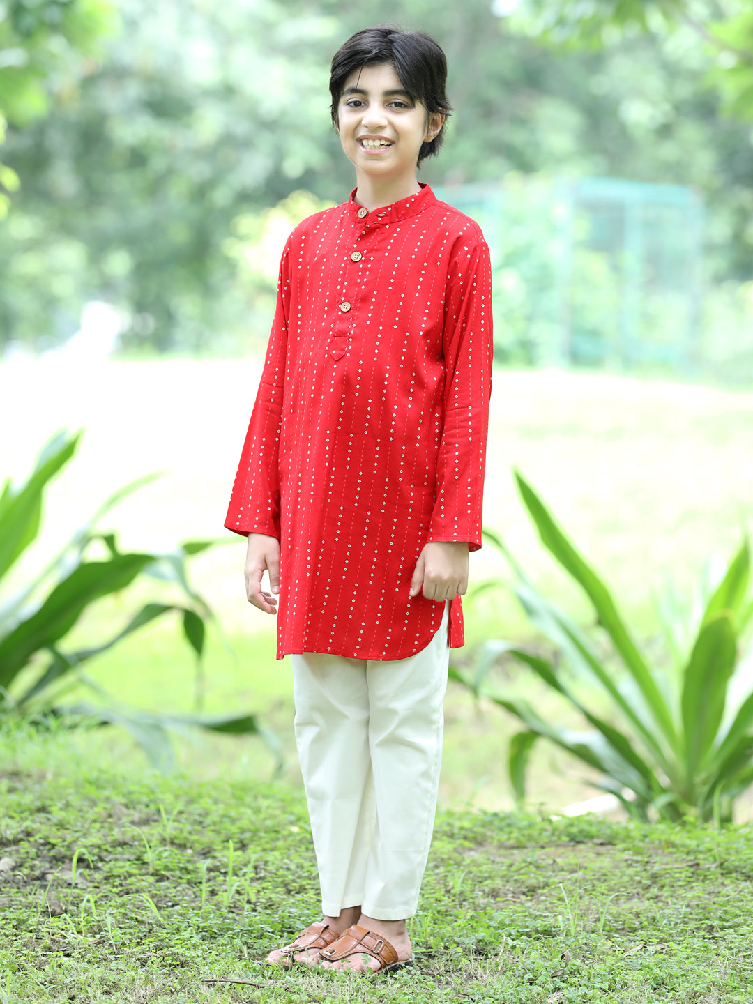 Cutiekins Printed Kurta and Pajama Set- Red & Off White