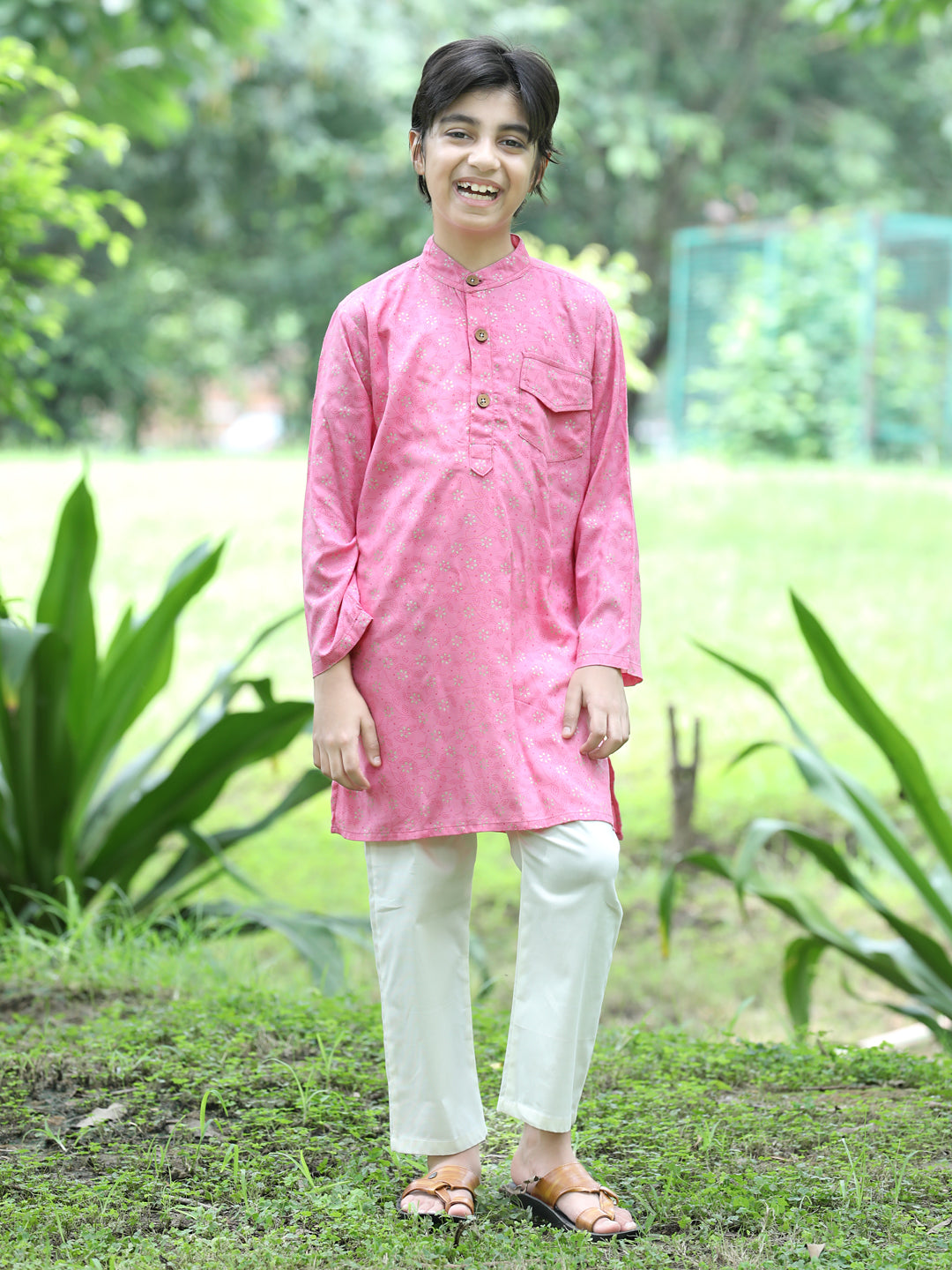 Cutiekins Printed Kurta and Pajama Set-Pink & Off White