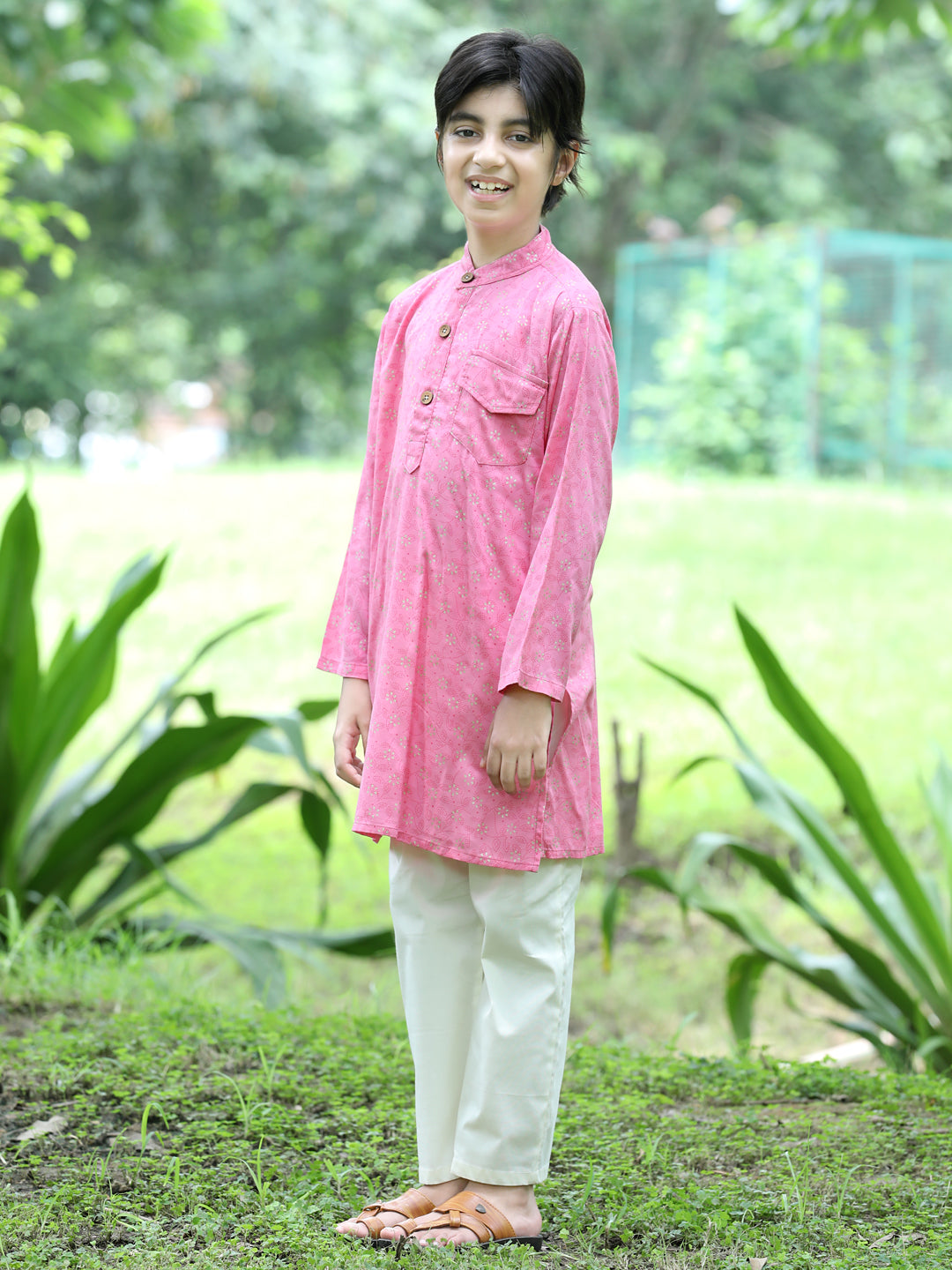 Cutiekins Printed Kurta and Pajama Set-Pink & Off White