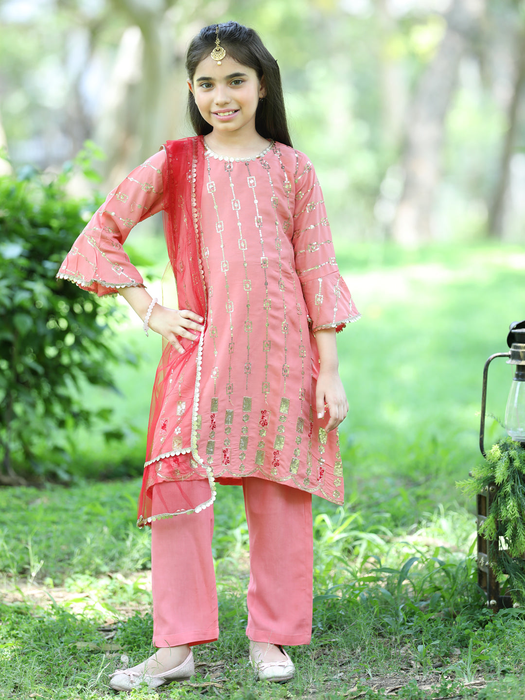 Cutiekins Sequence Embroided A-line Kurta, Palazzos & Dupatta Set-Peach & Golden