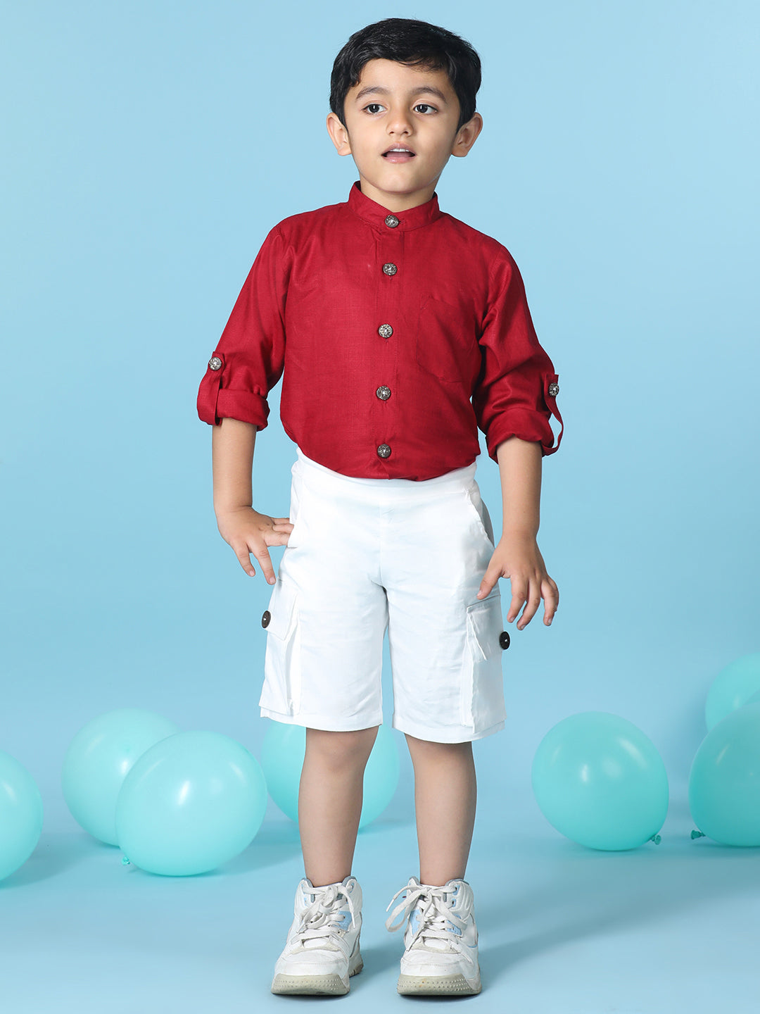Cutiekins Boys Solid Shirt With Solid Denim Short -Maroon & White
