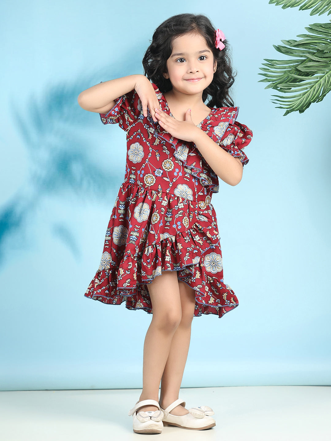 Cutiekins Girls Trendy & Stylish Floral Printed Dress -Maroon & Multi