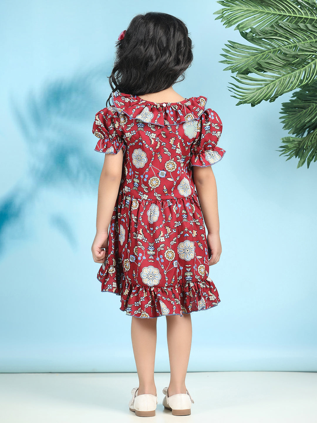 Cutiekins Girls Trendy & Stylish Floral Printed Dress -Maroon & Multi