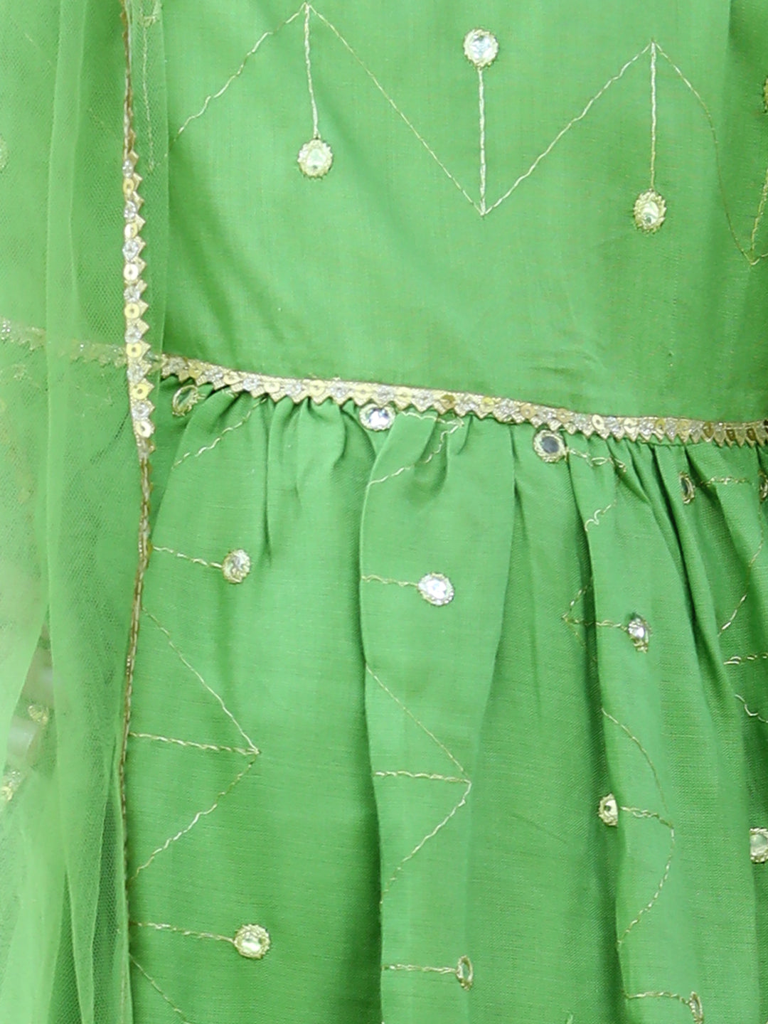 Cutiekins Ethnic Motif Printed A-line Kurta,Bell Bottom Palazzo & Dupatta Set-Light Green & Golden