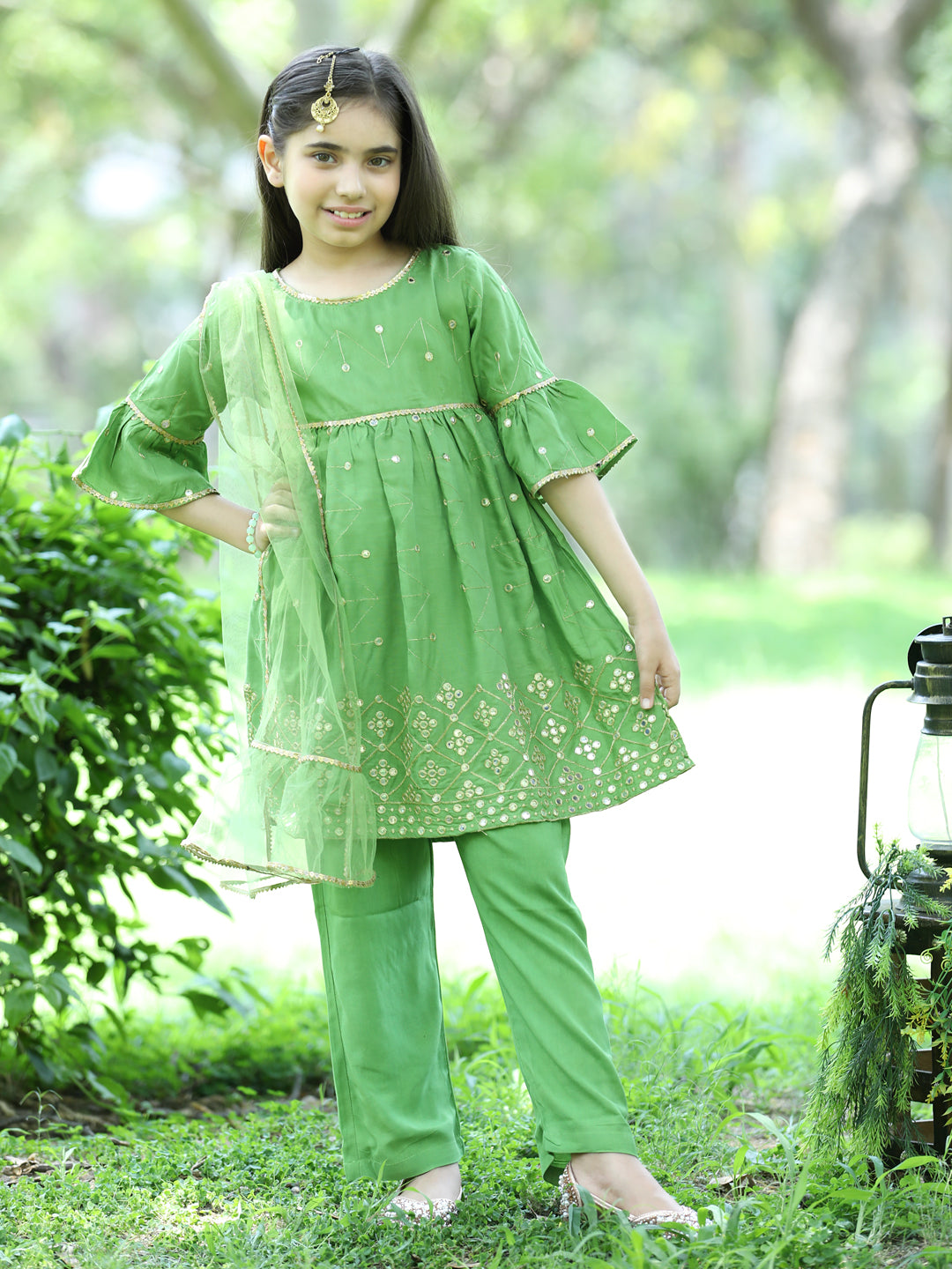 Cutiekins Ethnic Motif Printed A-line Kurta,Bell Bottom Palazzo & Dupatta Set-Light Green & Golden