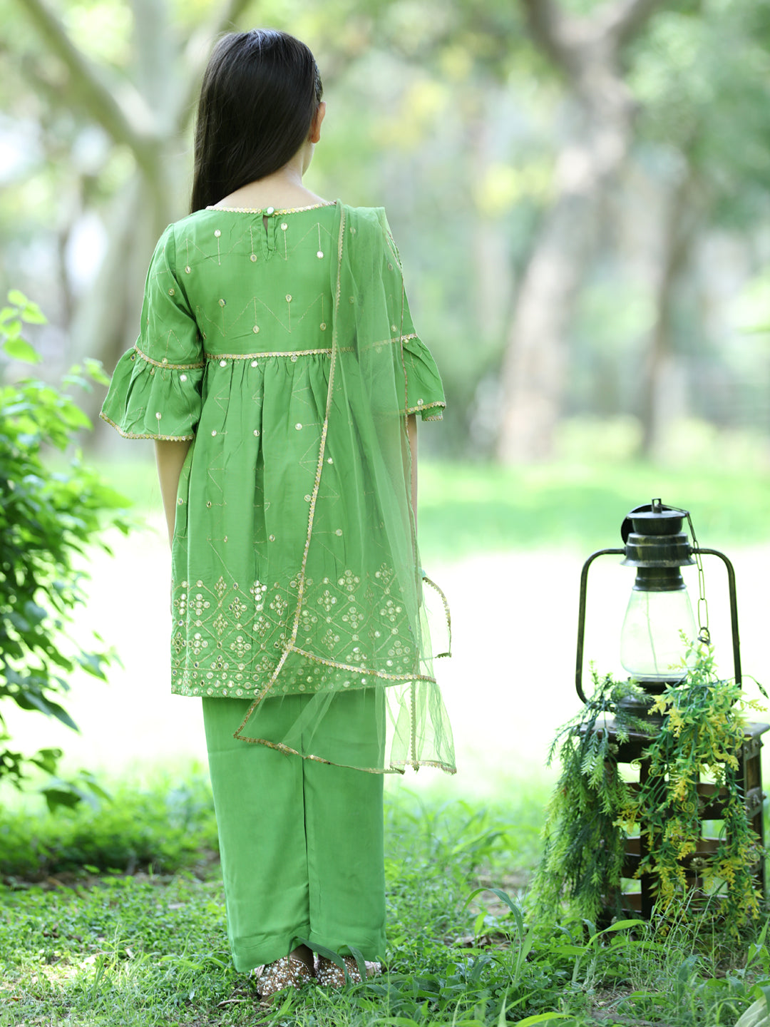 Cutiekins Ethnic Motif Printed A-line Kurta,Bell Bottom Palazzo & Dupatta Set-Light Green & Golden