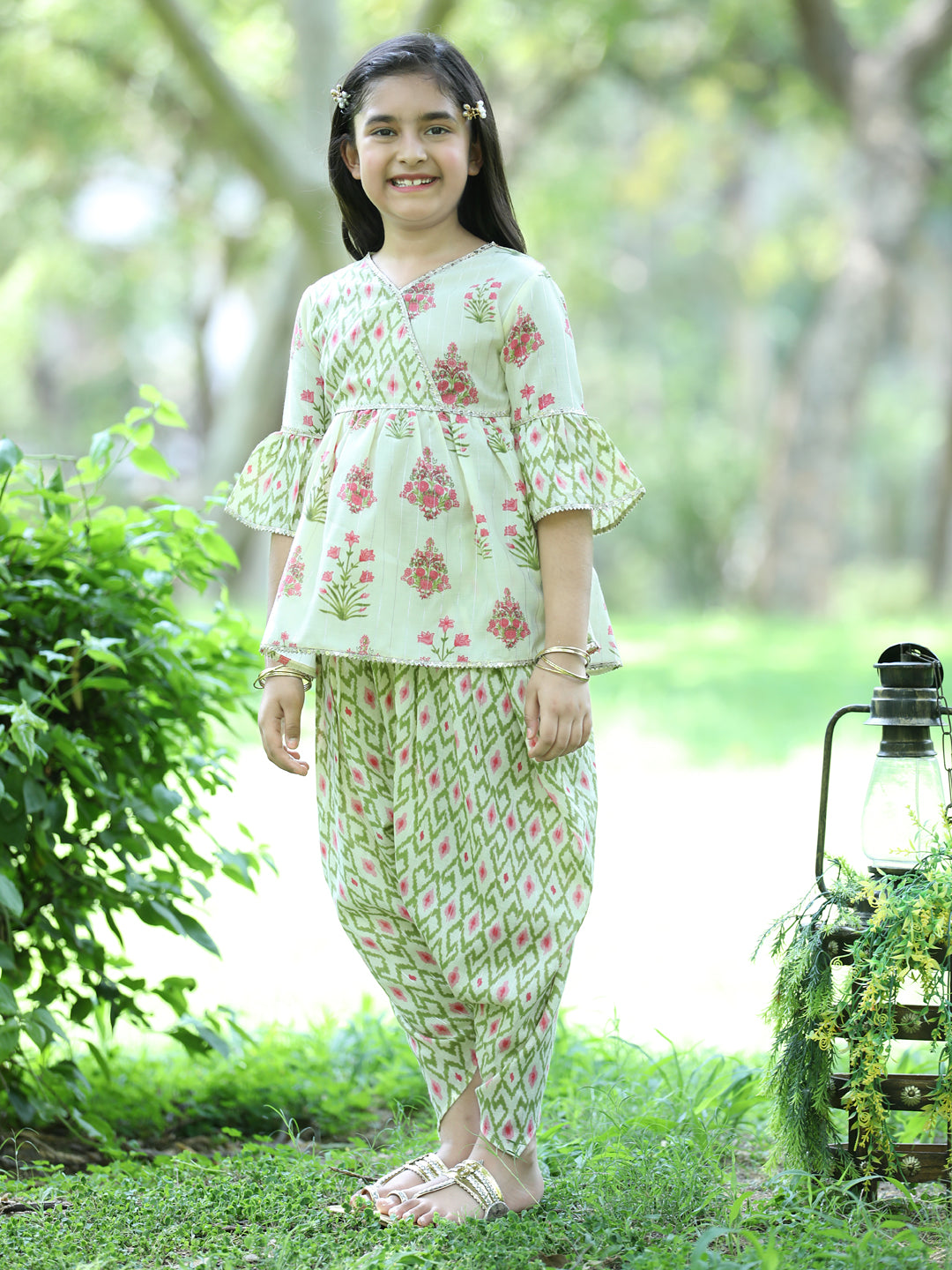 Cutiekins Ethnic Motif Printed Peplum Kurta & Dhoti Set-Light Green & Beige