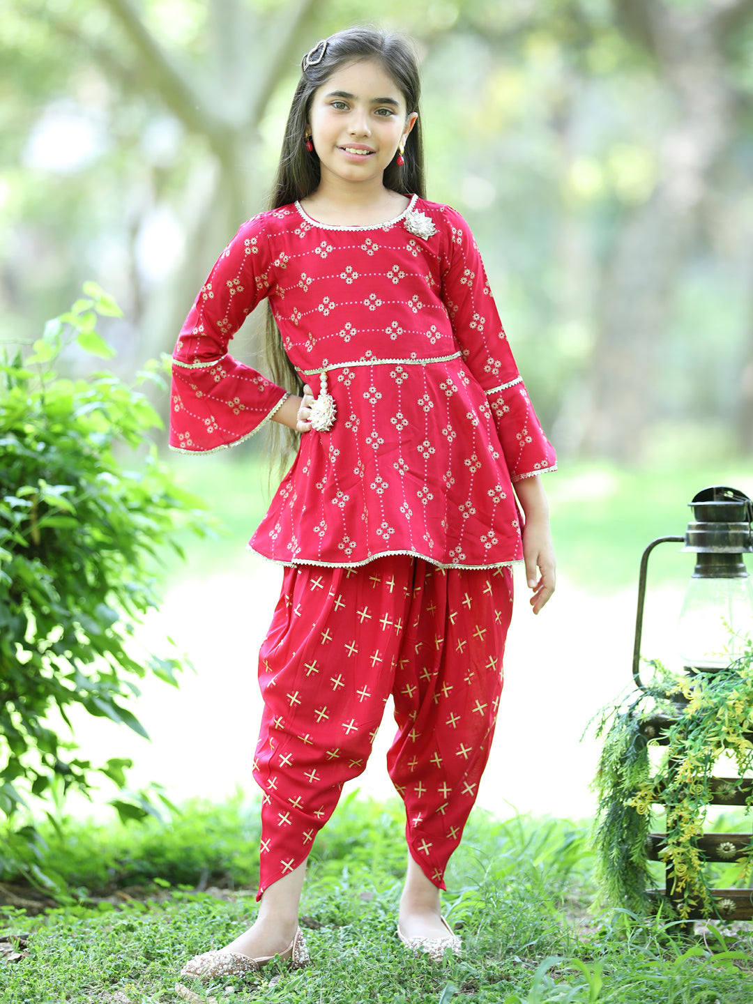 Cutiekins Ethnic Motif Printed Peplum Kurta & Dhoti Set-Red & Gold