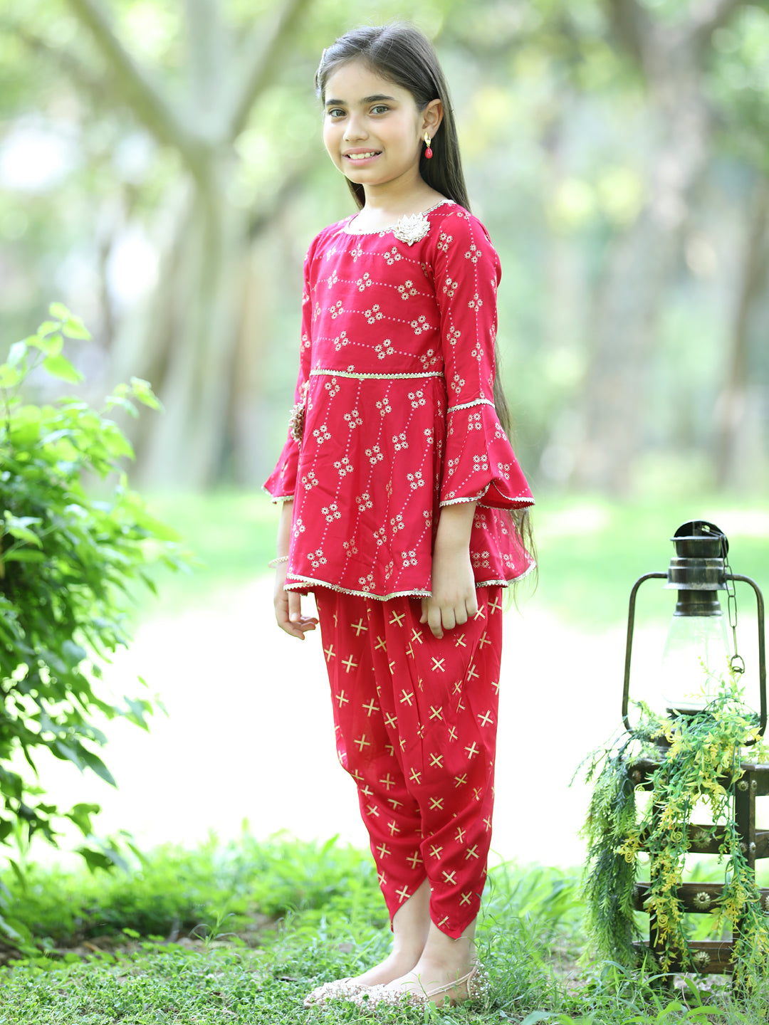 Cutiekins Ethnic Motif Printed Peplum Kurta & Dhoti Set-Red & Gold