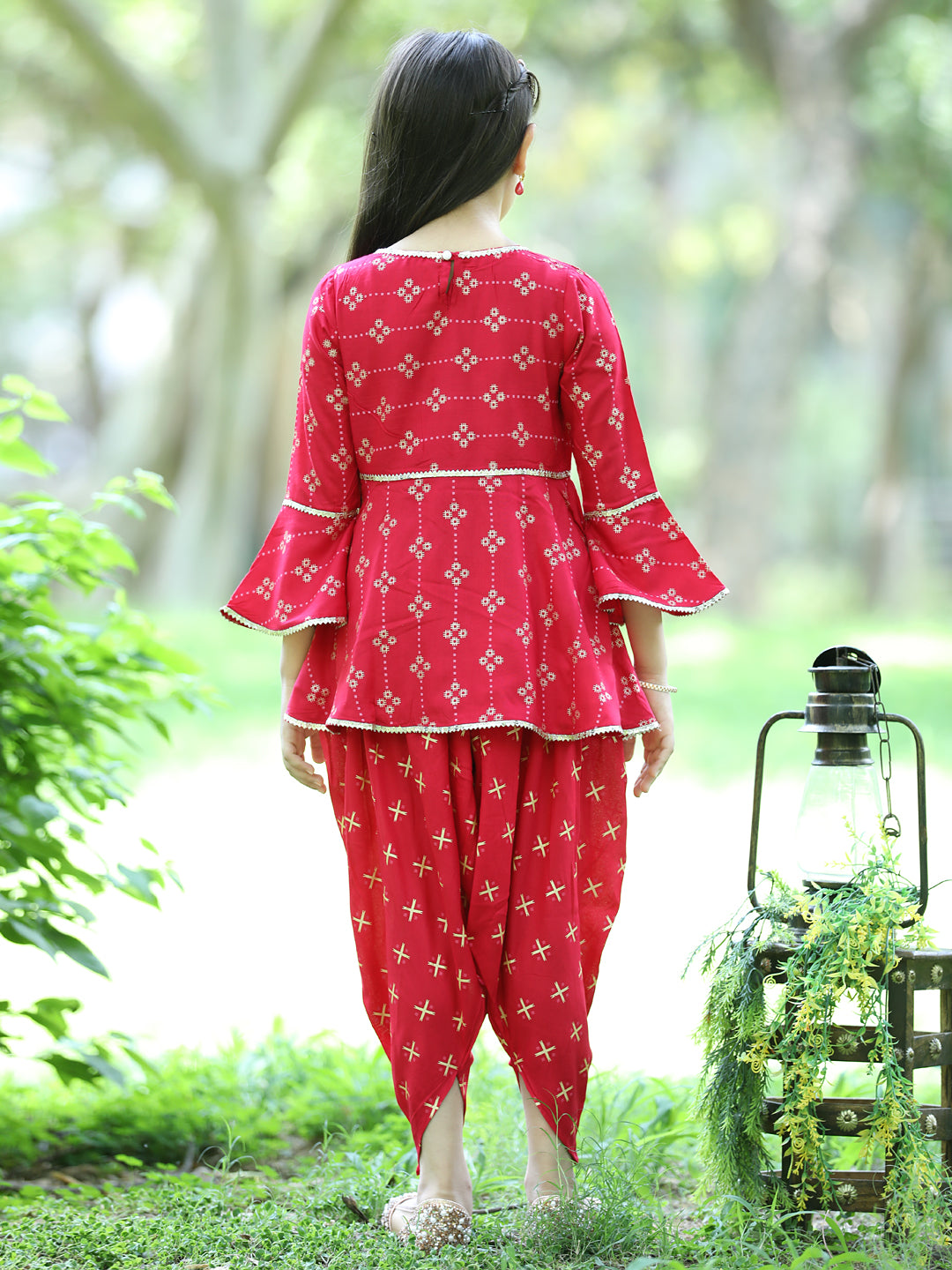 Cutiekins Ethnic Motif Printed Peplum Kurta & Dhoti Set-Red & Gold