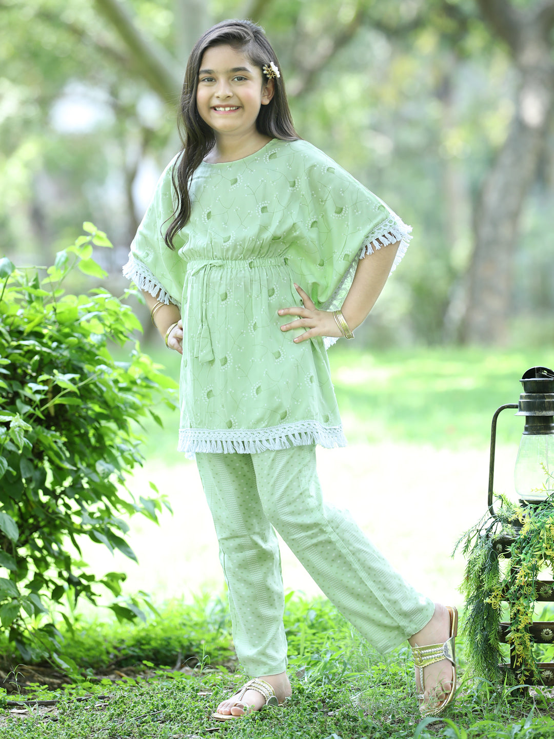 Cutiekins Floral Printed Kaftaan & Palazzo Set -Light Green & White