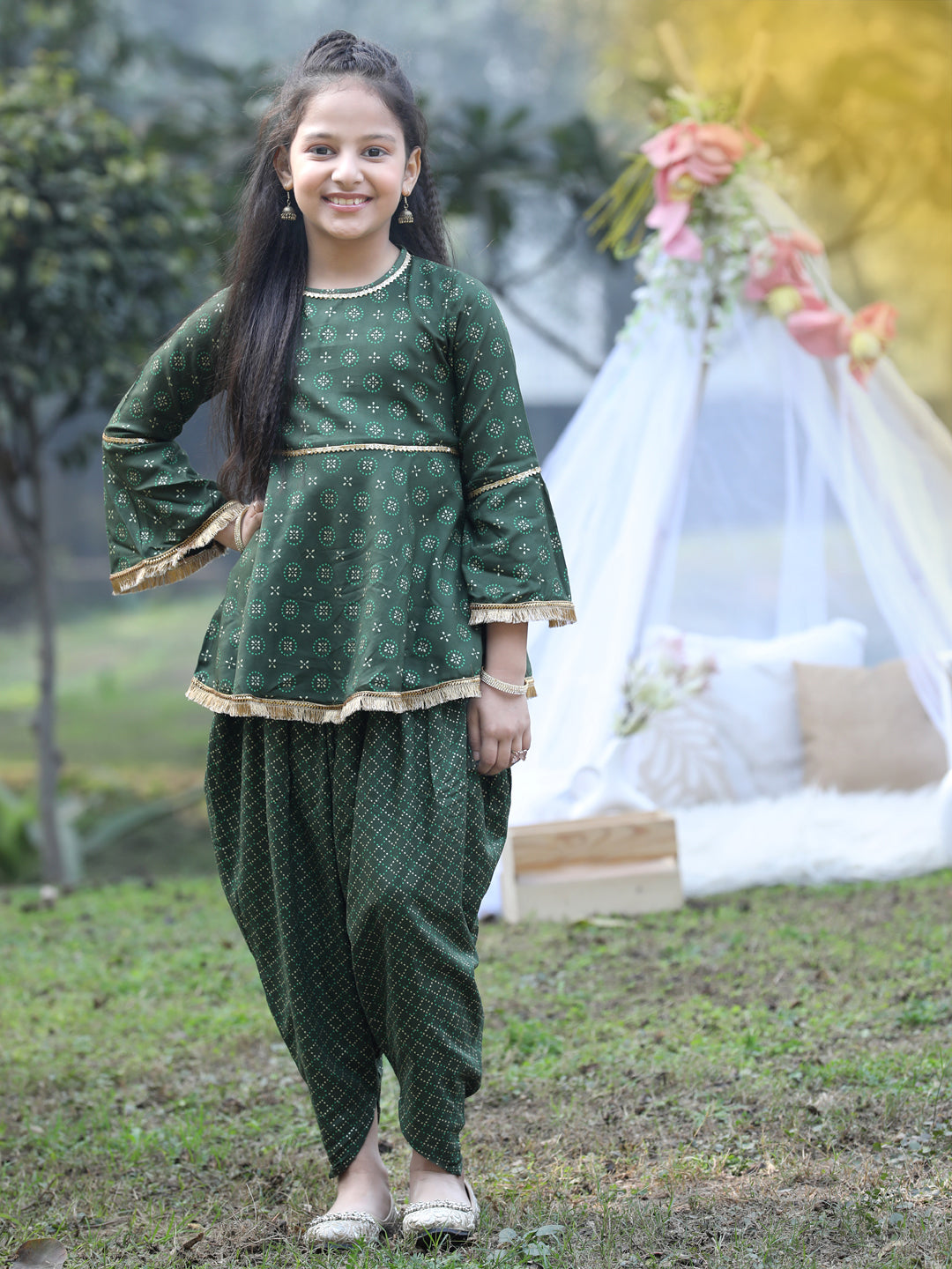 Cutiekins Round Neck Printed Rayon Kurta & Dhoti Set -Mehandi Green & Golden