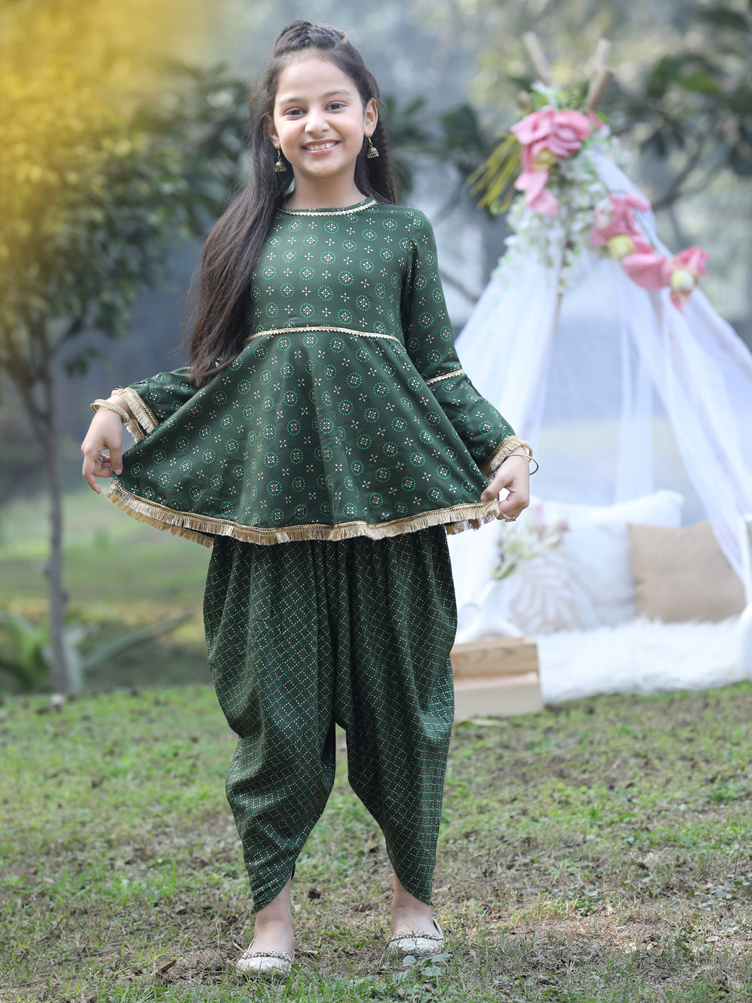 Cutiekins Round Neck Printed Rayon Kurta & Dhoti Set -Mehandi Green & Golden