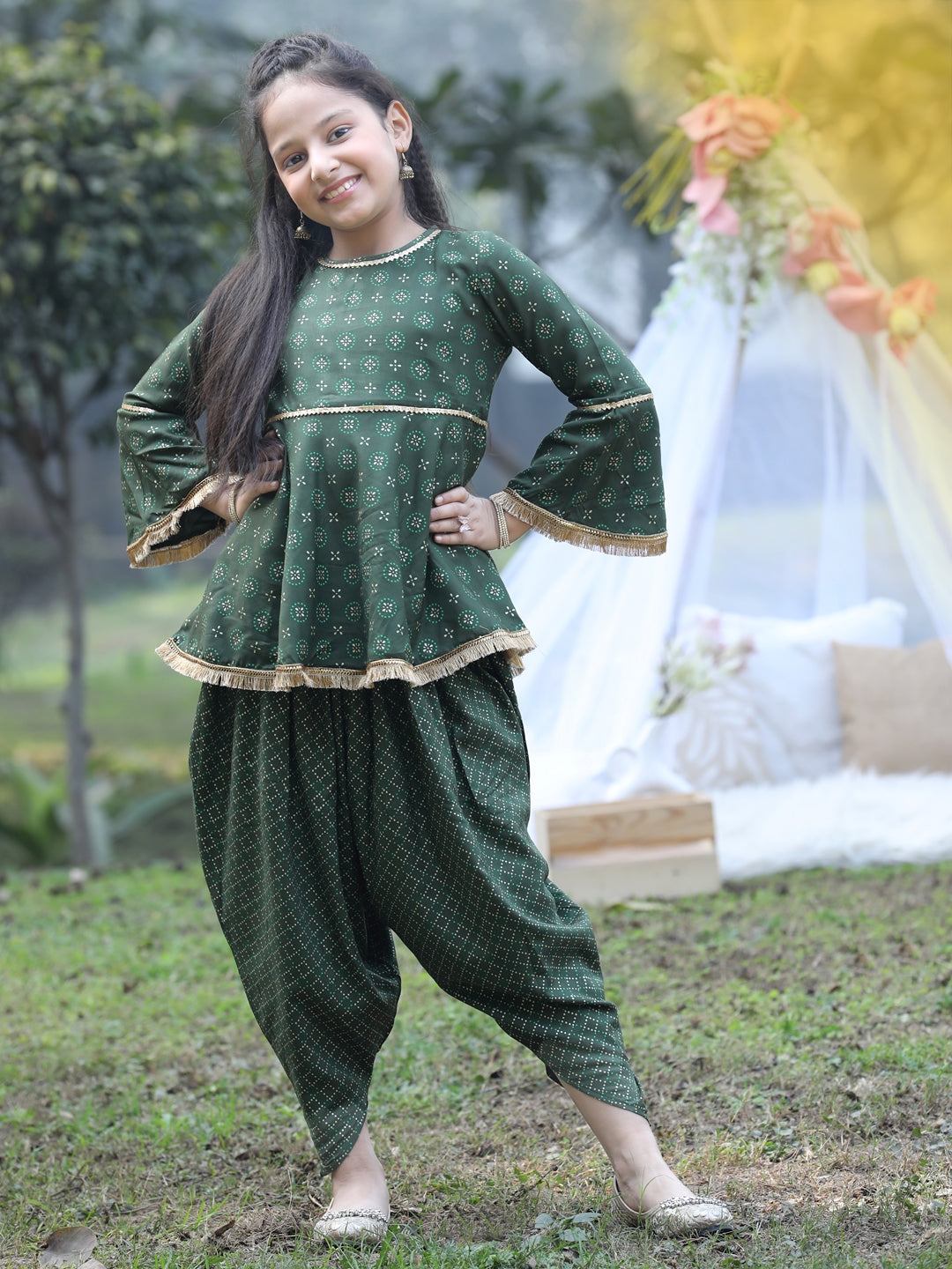 Cutiekins Round Neck Printed Rayon Kurta & Dhoti Set -Mehandi Green & Golden
