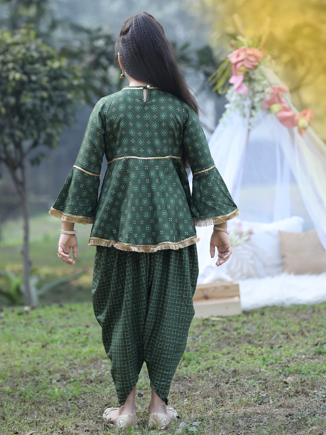 Cutiekins Round Neck Printed Rayon Kurta & Dhoti Set -Mehandi Green & Golden