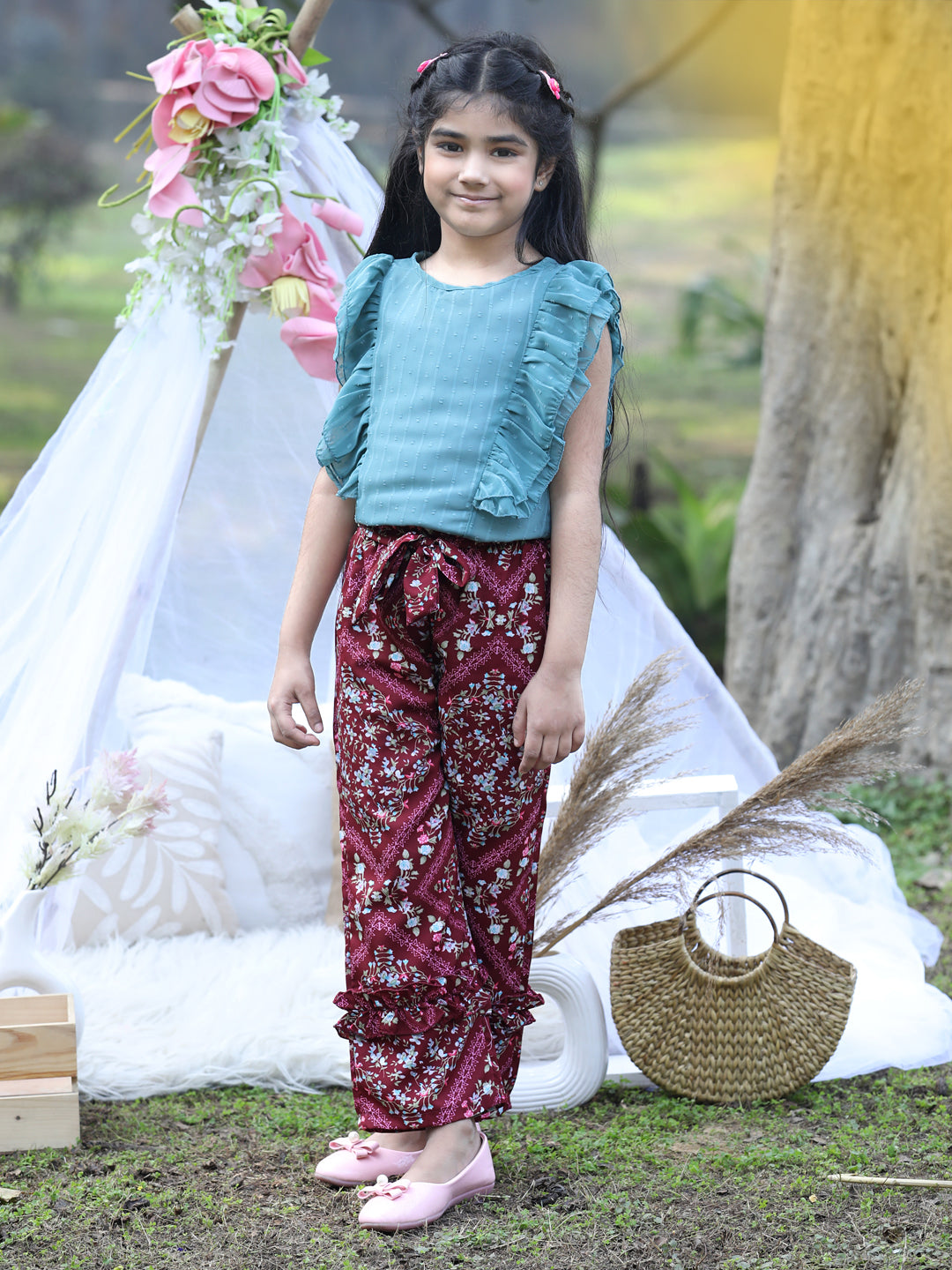 Cutiekins Round Neck Printed Regular Top & Trousers Set -Teal Blue & Maroon
